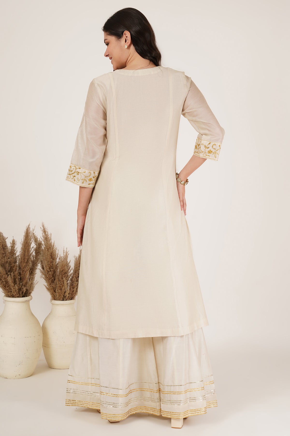 White chanderi kurta,sharara Set of 3