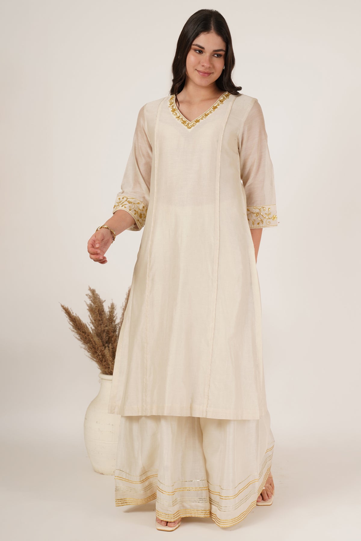White chanderi kurta,sharara Set of 3