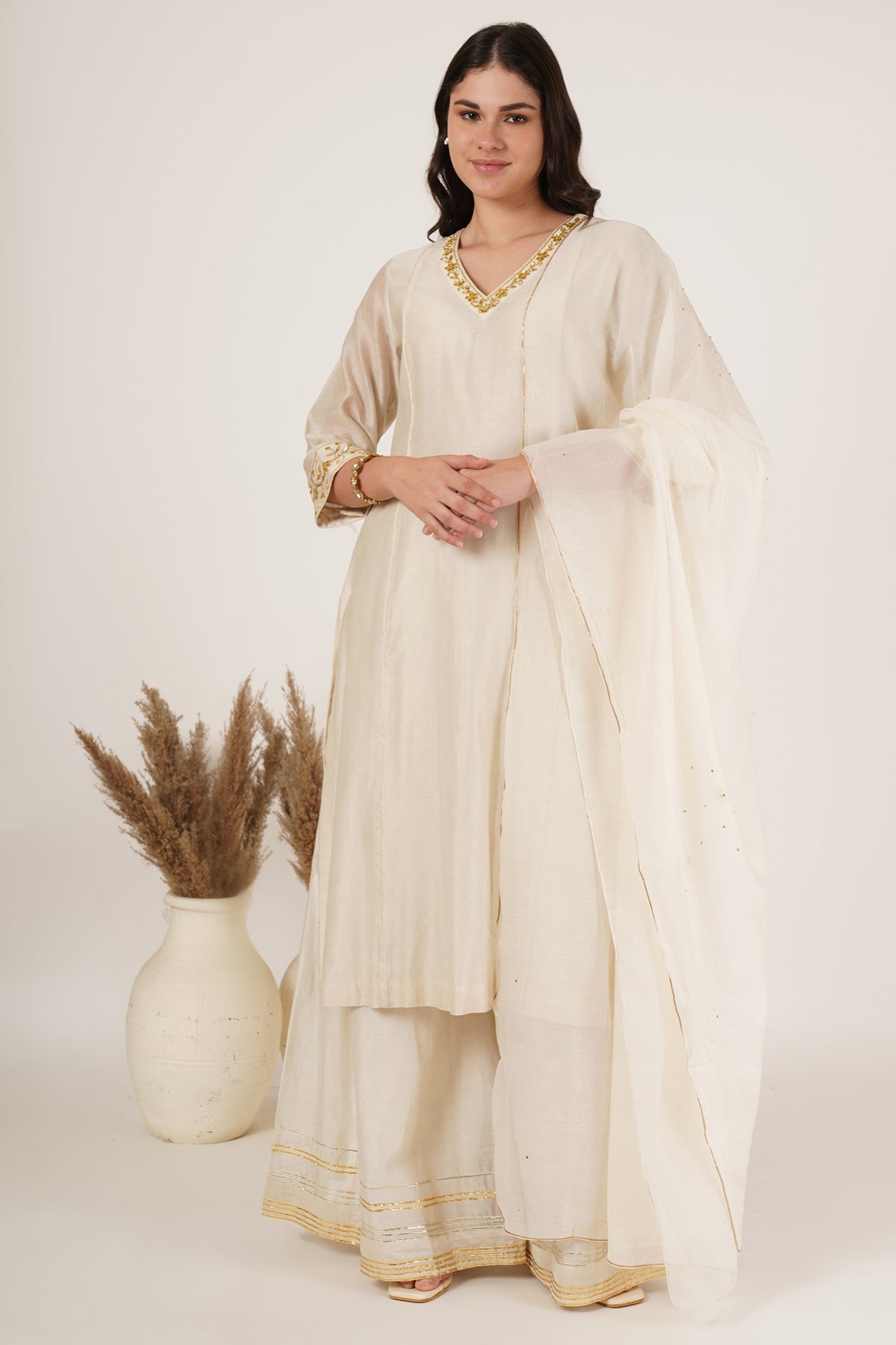 White chanderi kurta,sharara Set of 3