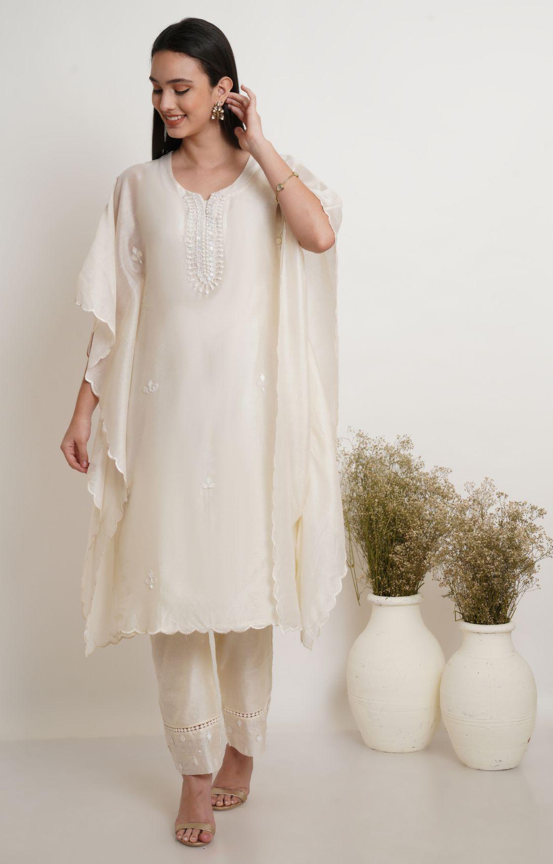 Off White Tonal Embroidery Kaftan Set