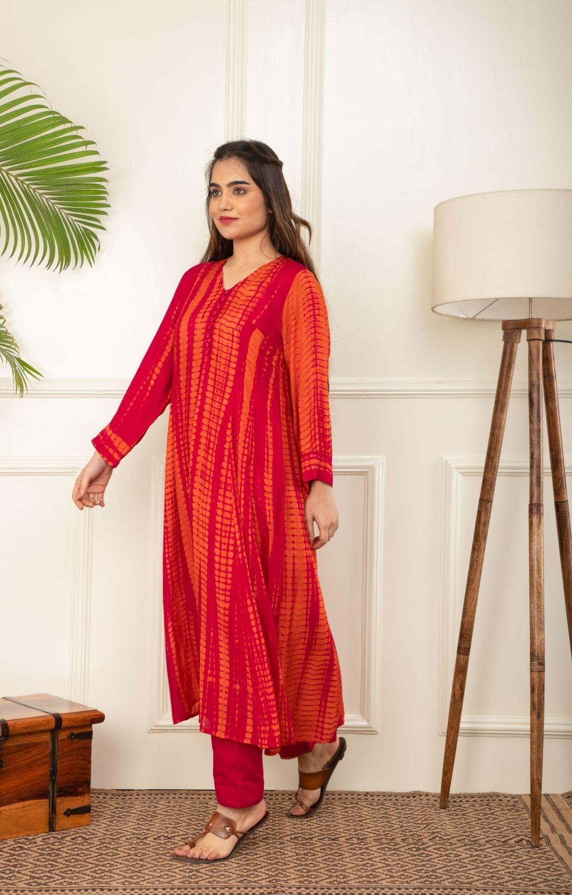 Orange And Pink Rope Tie Dye Kurta Set