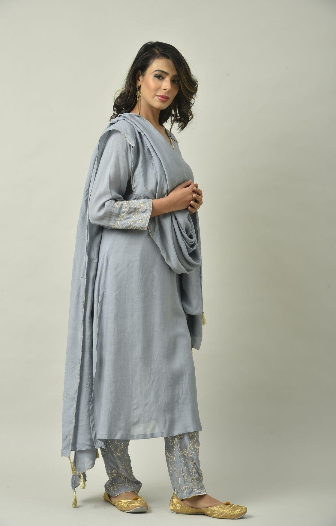 Grey Naksi Hand Embroidery Kurta Set