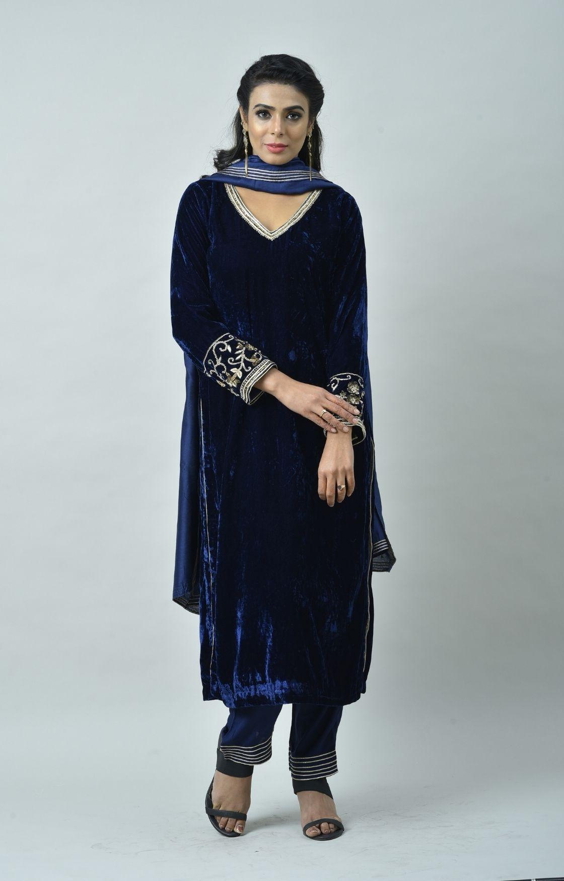 Navy Blue Embroidered Velvet Kurta Set  of 3