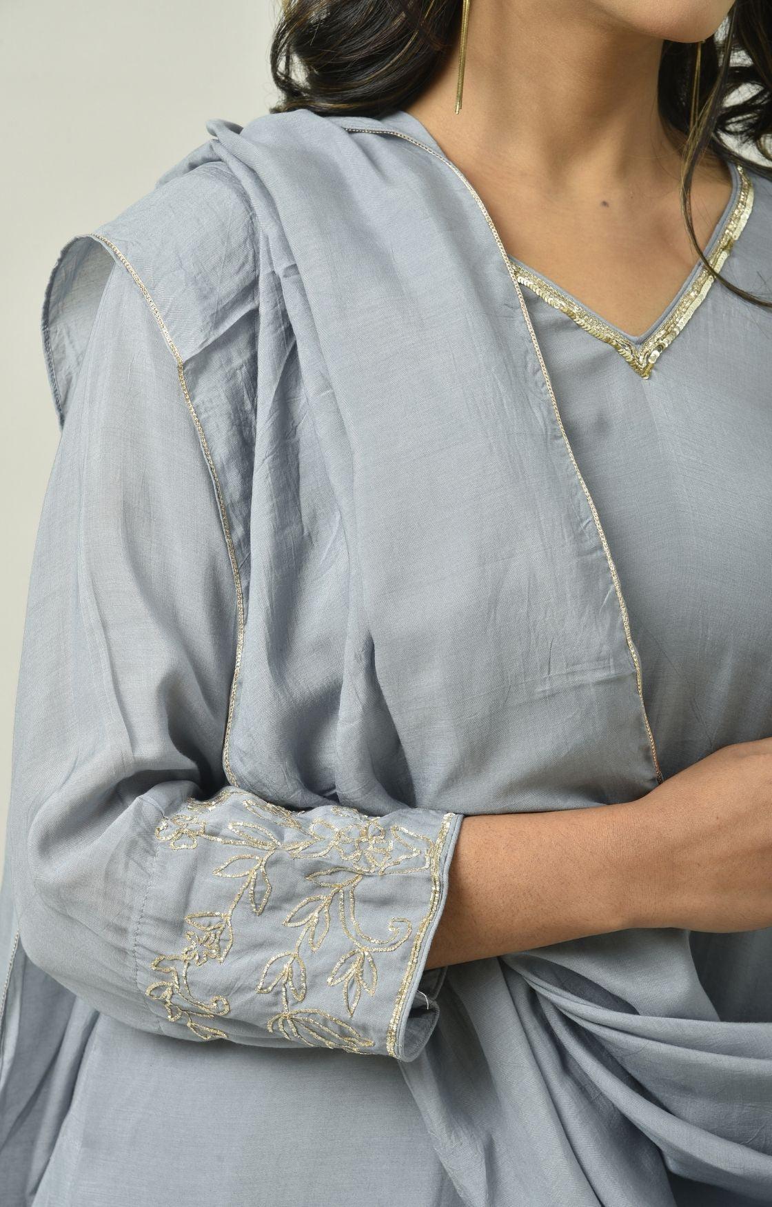 Grey Naksi Hand Embroidery Kurta Set