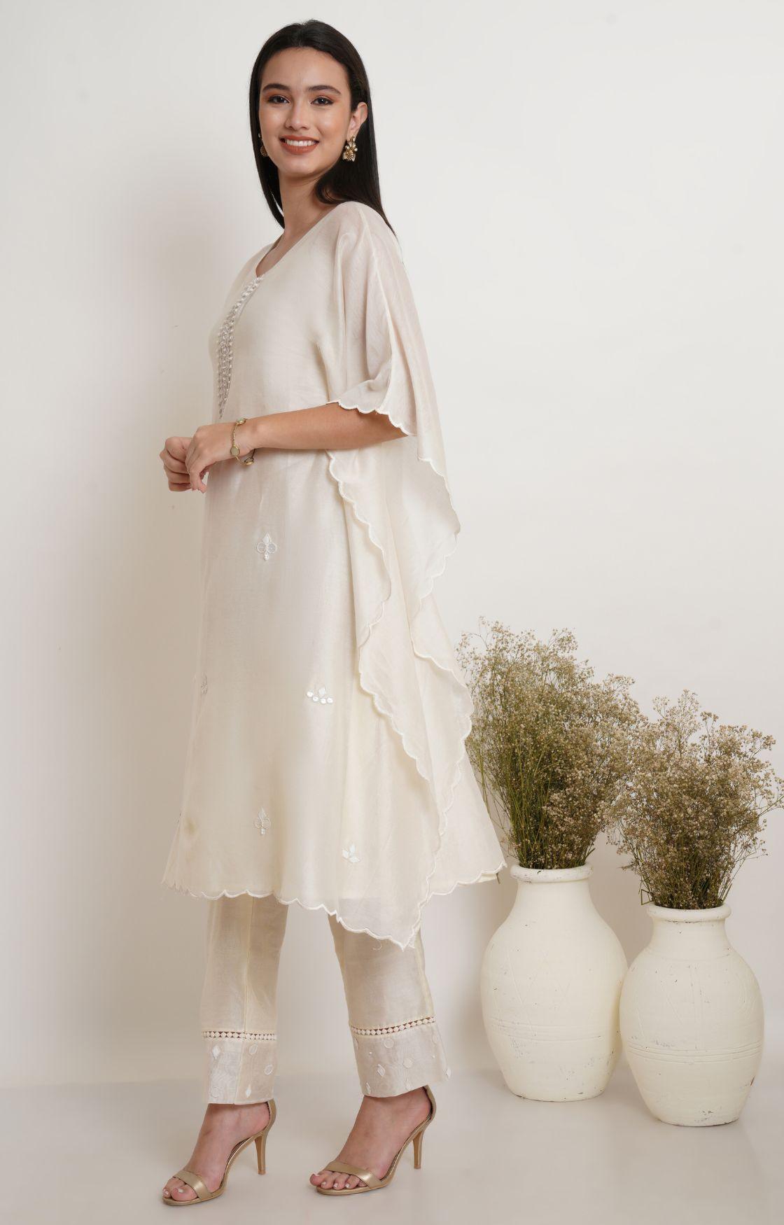 Off White Tonal Embroidery Kaftan Set