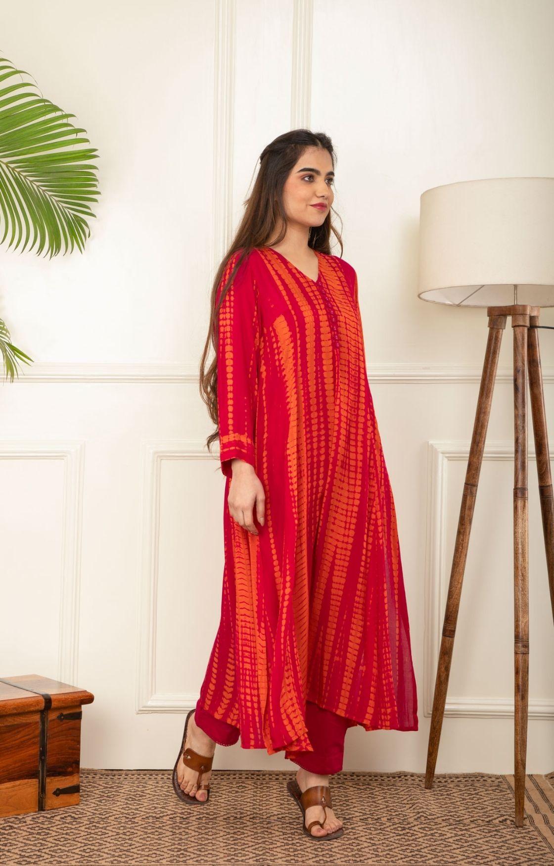 Orange And Pink Rope Tie Dye Kurta Set