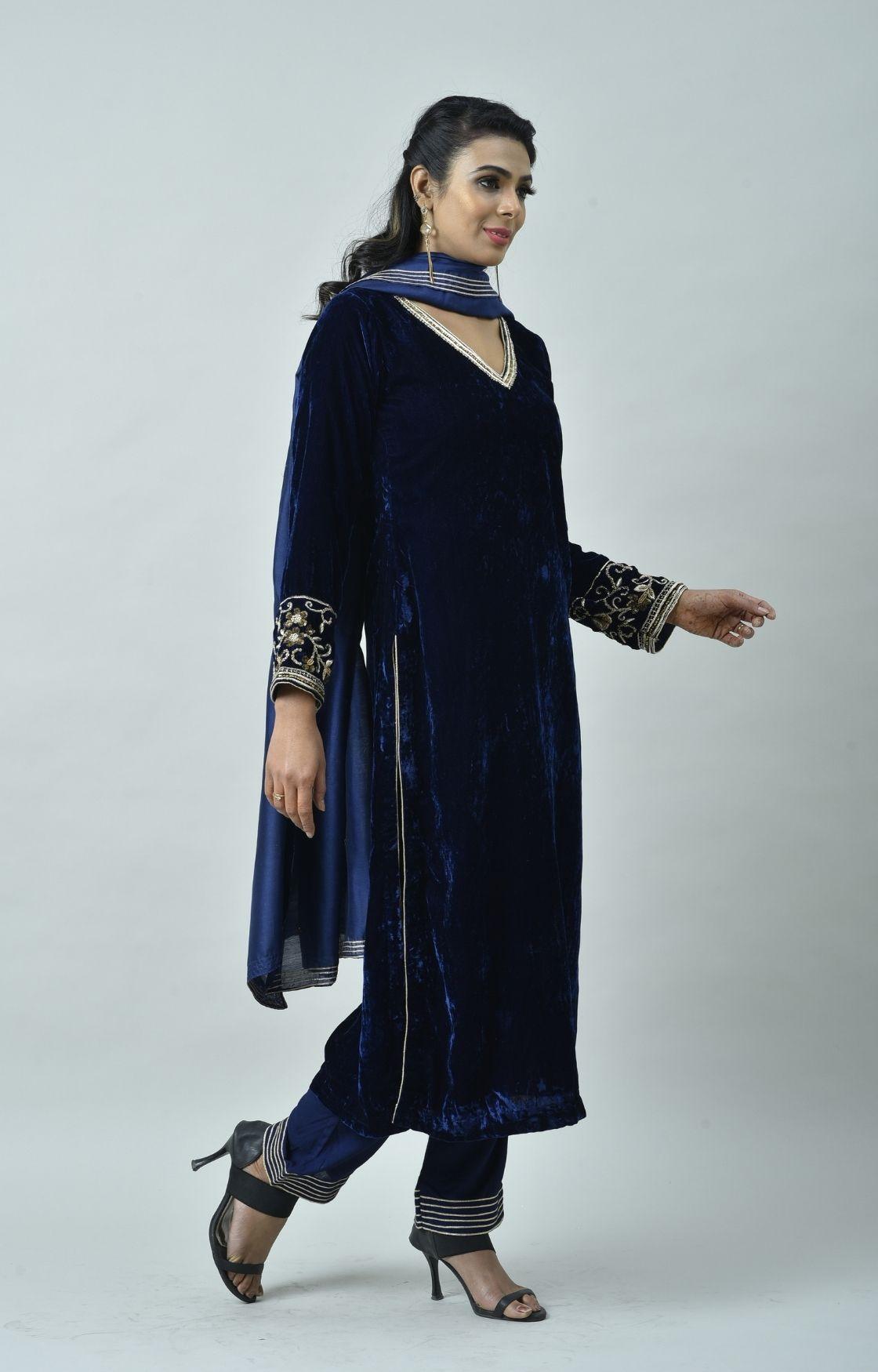 Navy Blue Embroidered Velvet Kurta Set  of 3