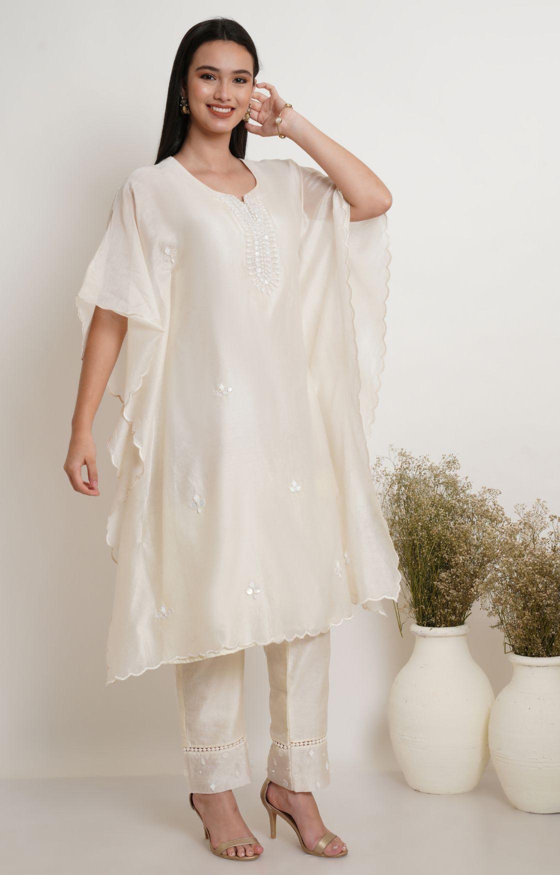Off White Tonal Embroidery Kaftan Set