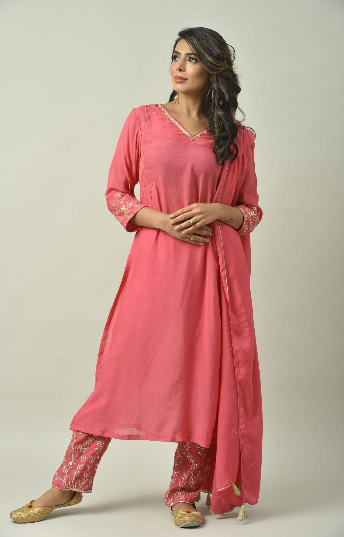 Rose Pink Naksi Hand Embroidery Kurta Set