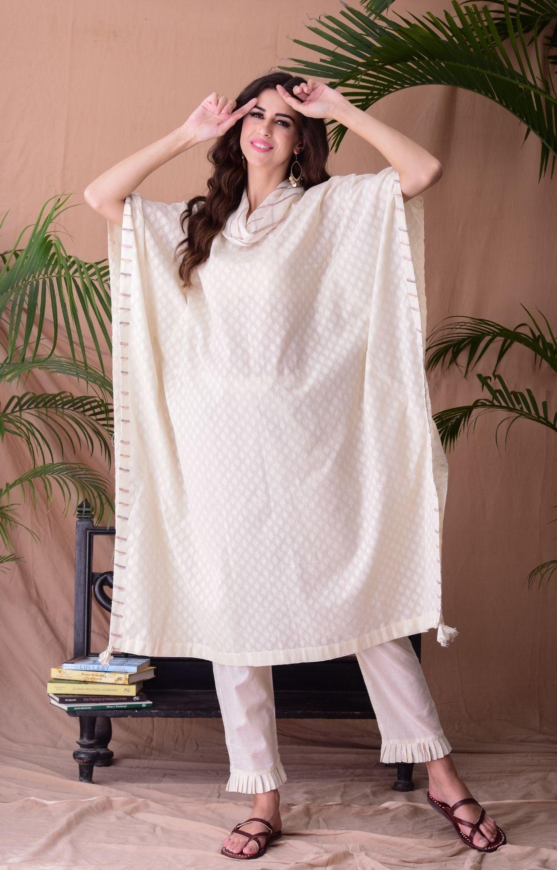 Off Cotton Jacquard Cowl Kaftan Set
