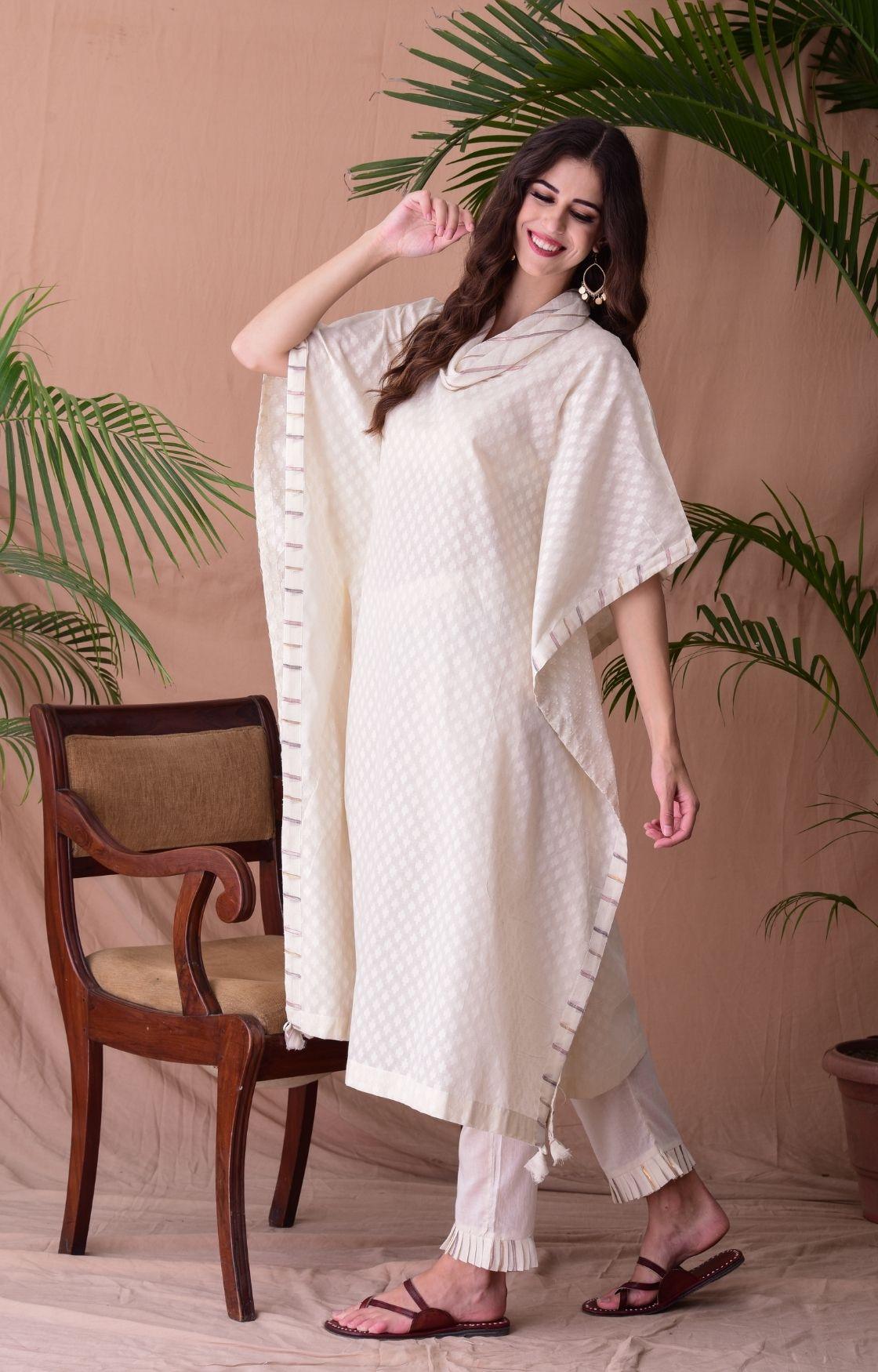Off Cotton Jacquard Cowl Kaftan Set