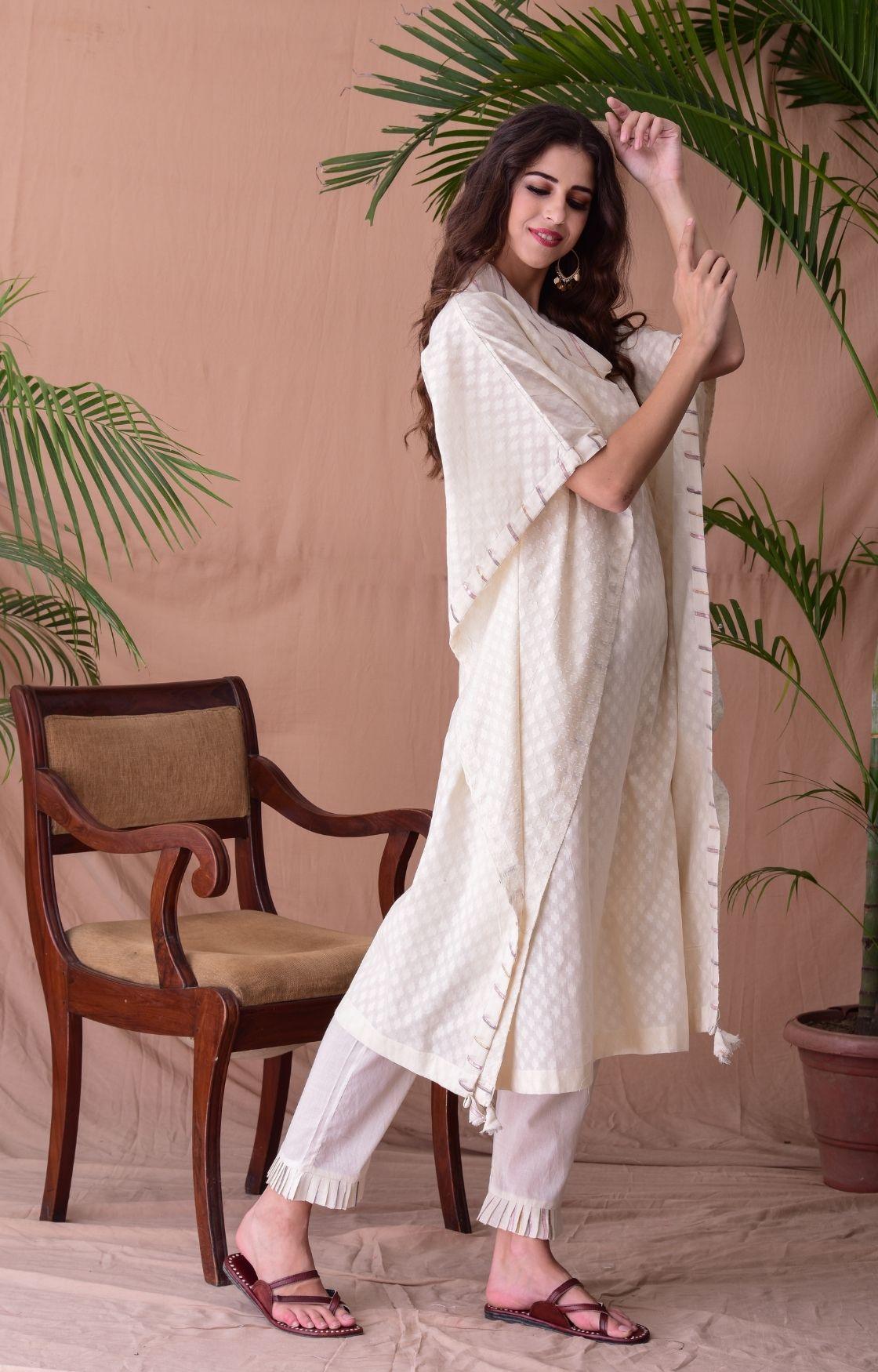 Off Cotton Jacquard Cowl Kaftan Set