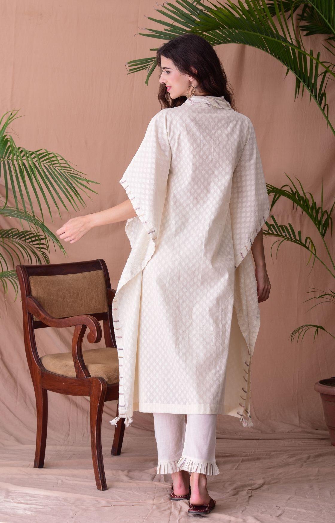 Off Cotton Jacquard Cowl Kaftan Set