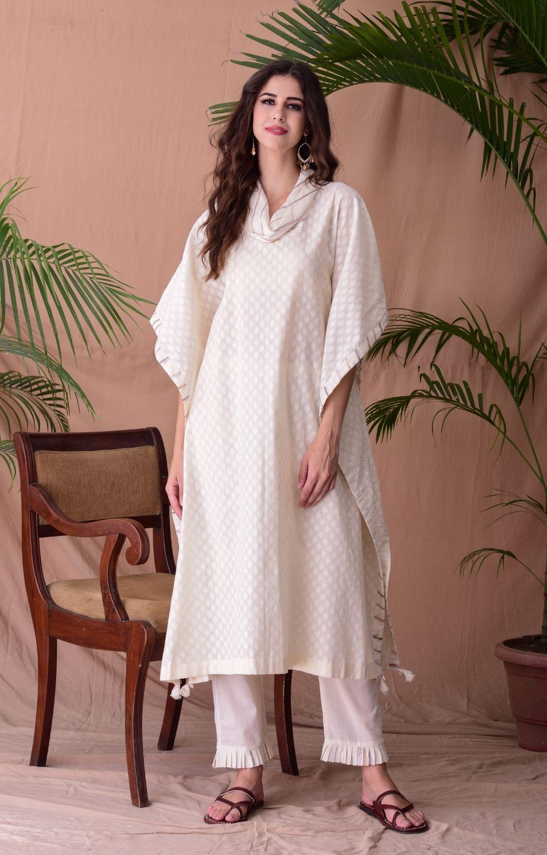 Off Cotton Jacquard Cowl Kaftan Set