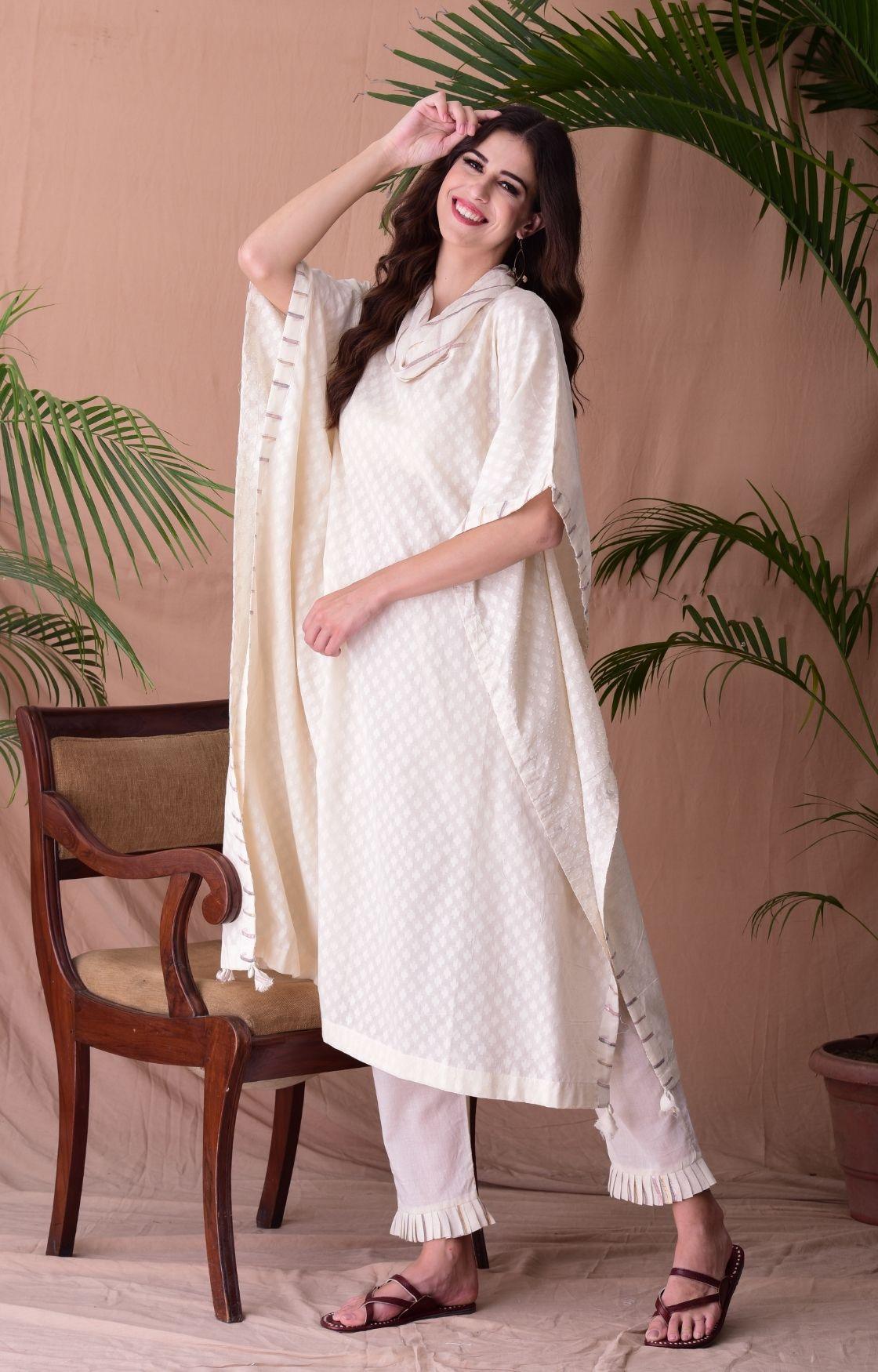 Off Cotton Jacquard Cowl Kaftan Set