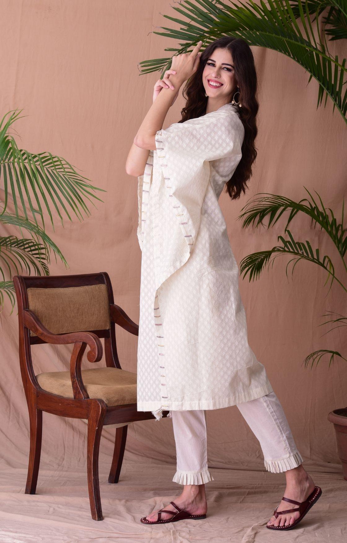 Off Cotton Jacquard Cowl Kaftan Set