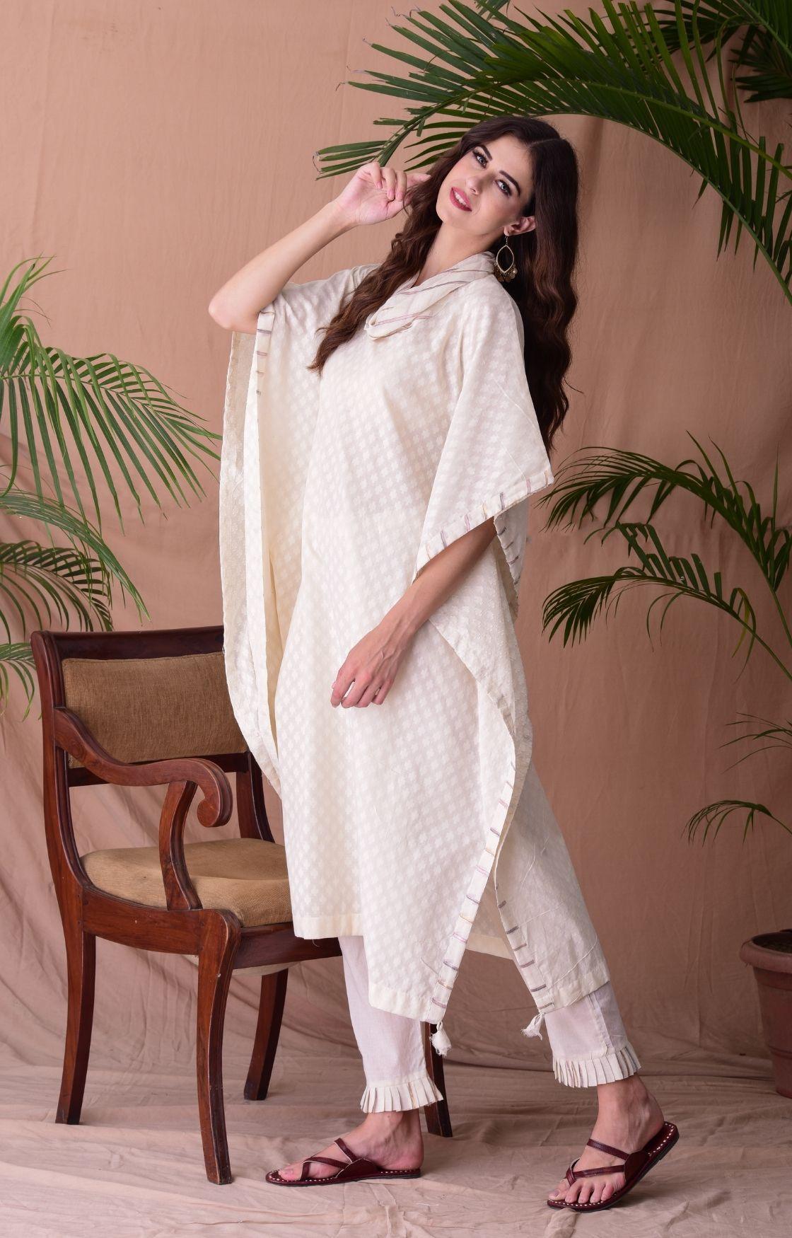 Off Cotton Jacquard Cowl Kaftan Set