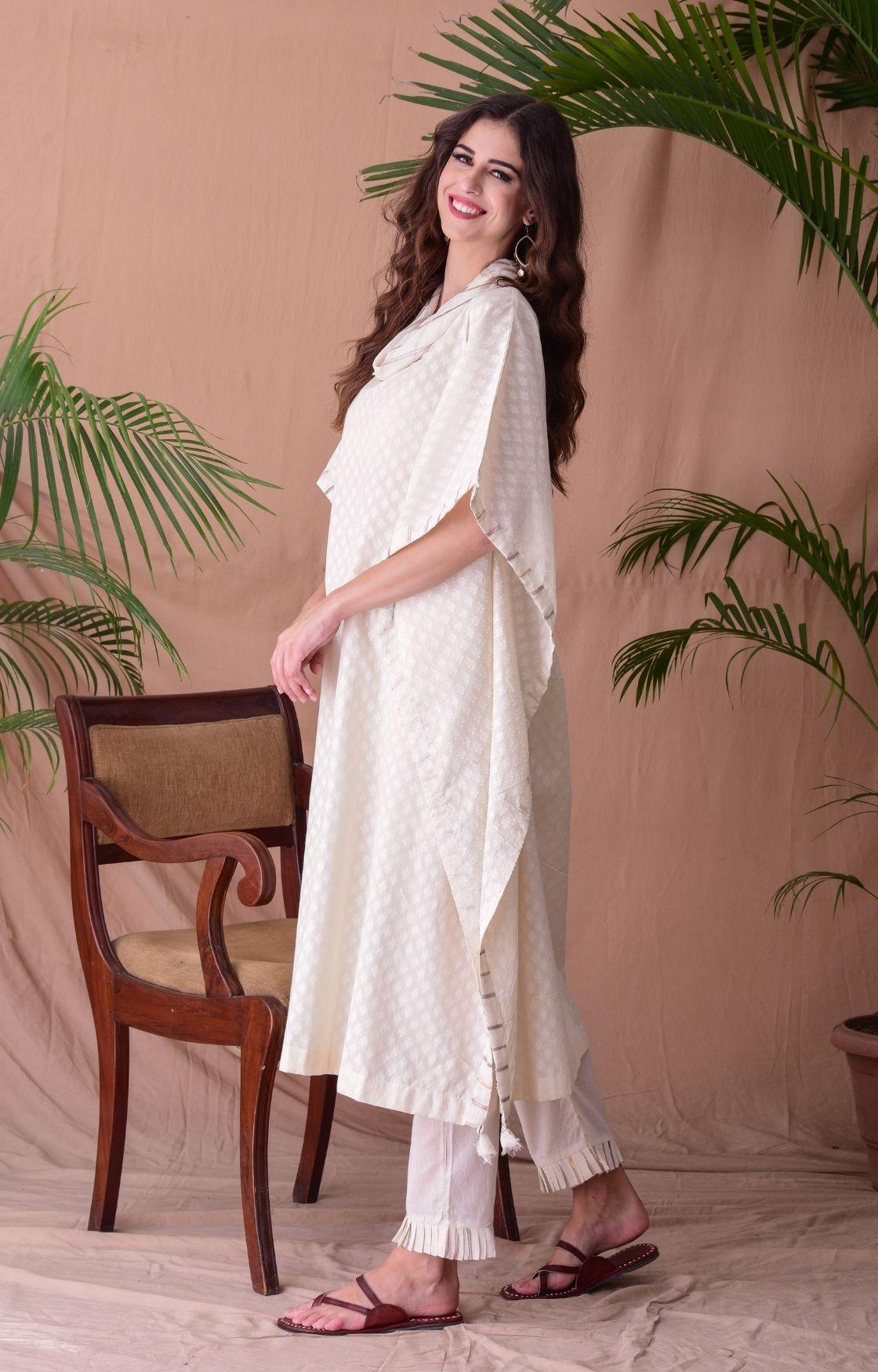 Off Cotton Jacquard Cowl Kaftan Set