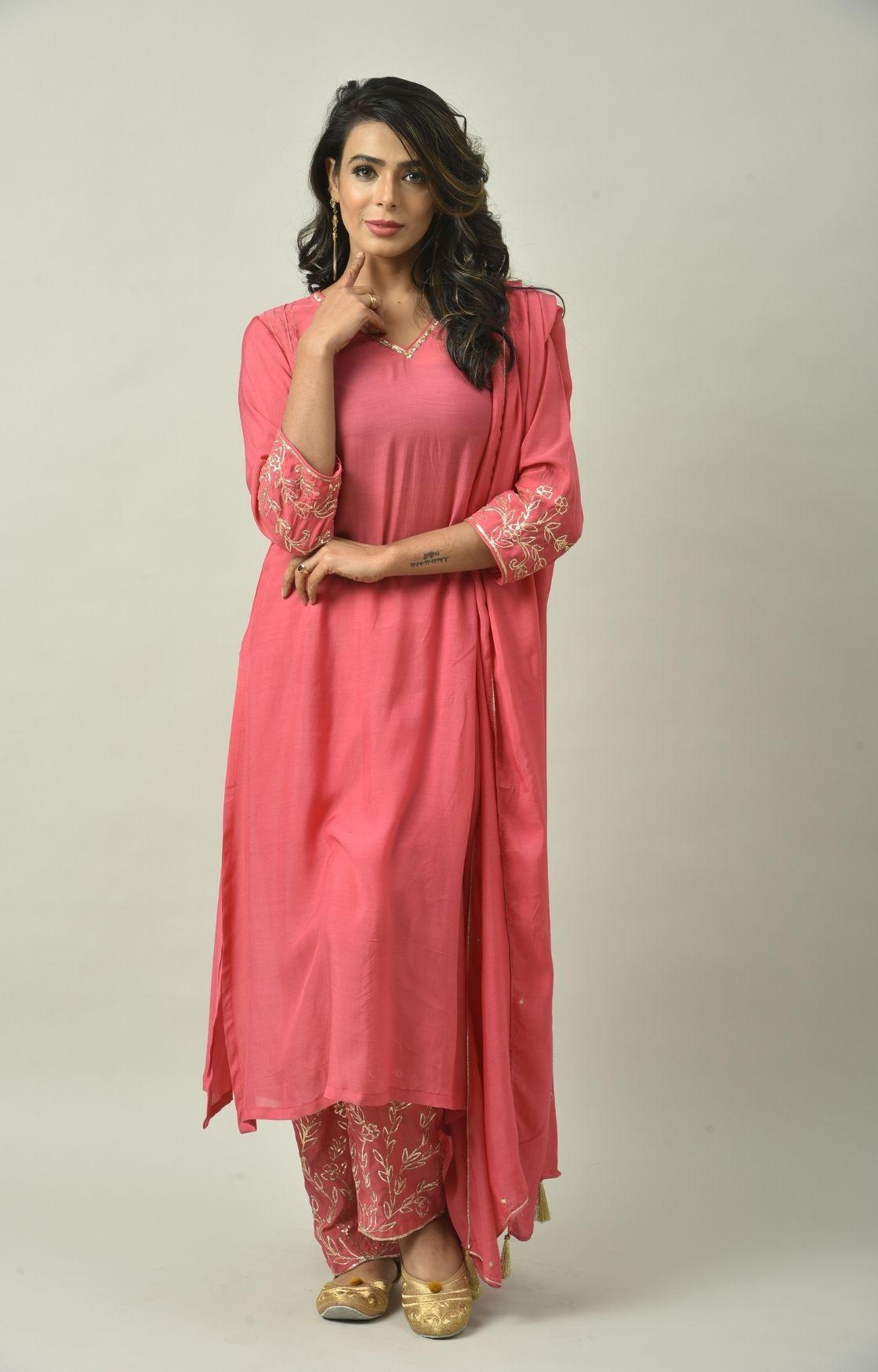 Rose Pink Naksi Hand Embroidery Kurta Set