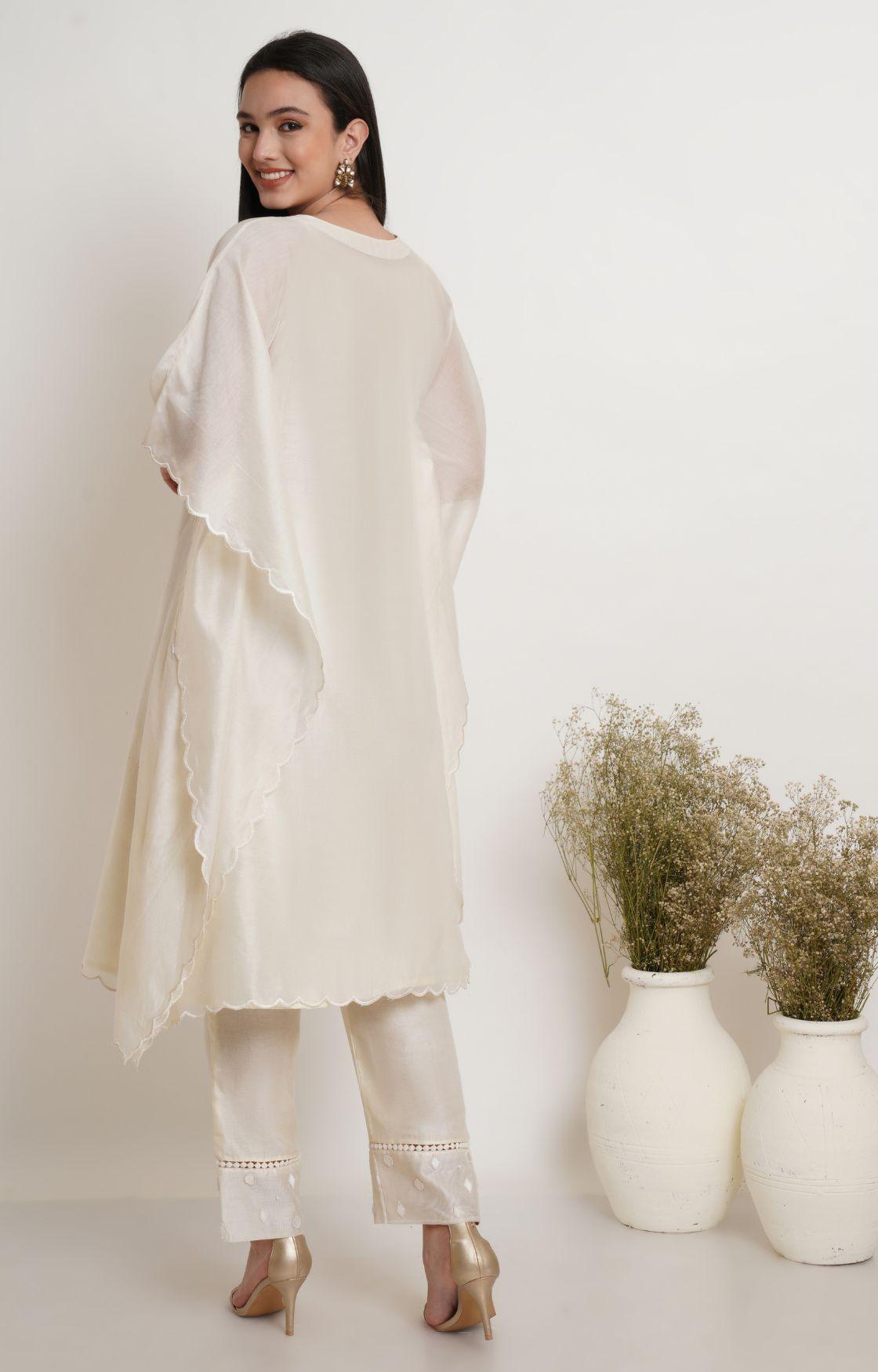 Off White Tonal Embroidery Kaftan Set