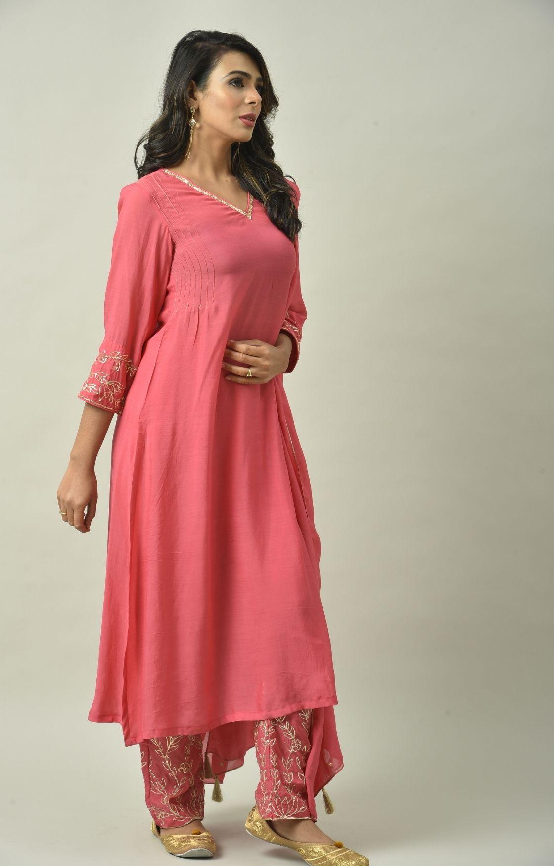 Rose Pink Naksi Hand Embroidery Kurta Set