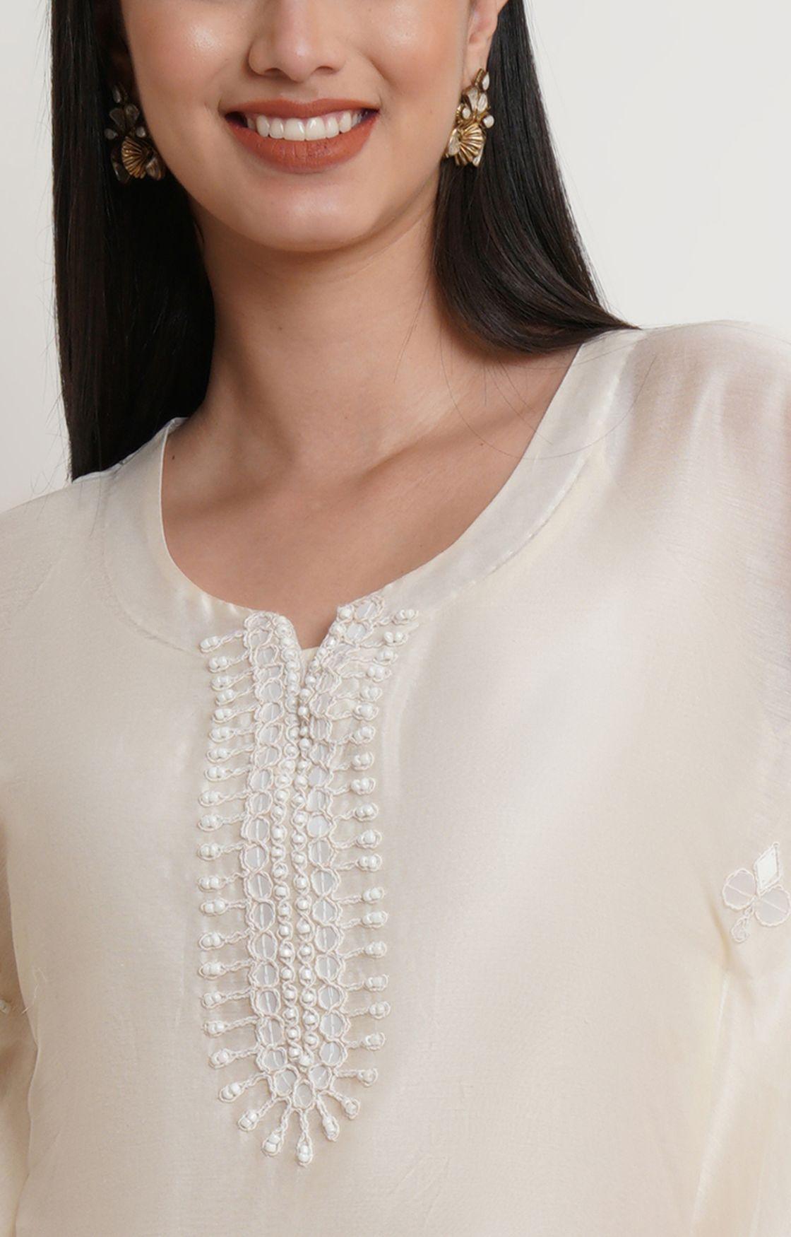 Off White Tonal Embroidery Kaftan Set