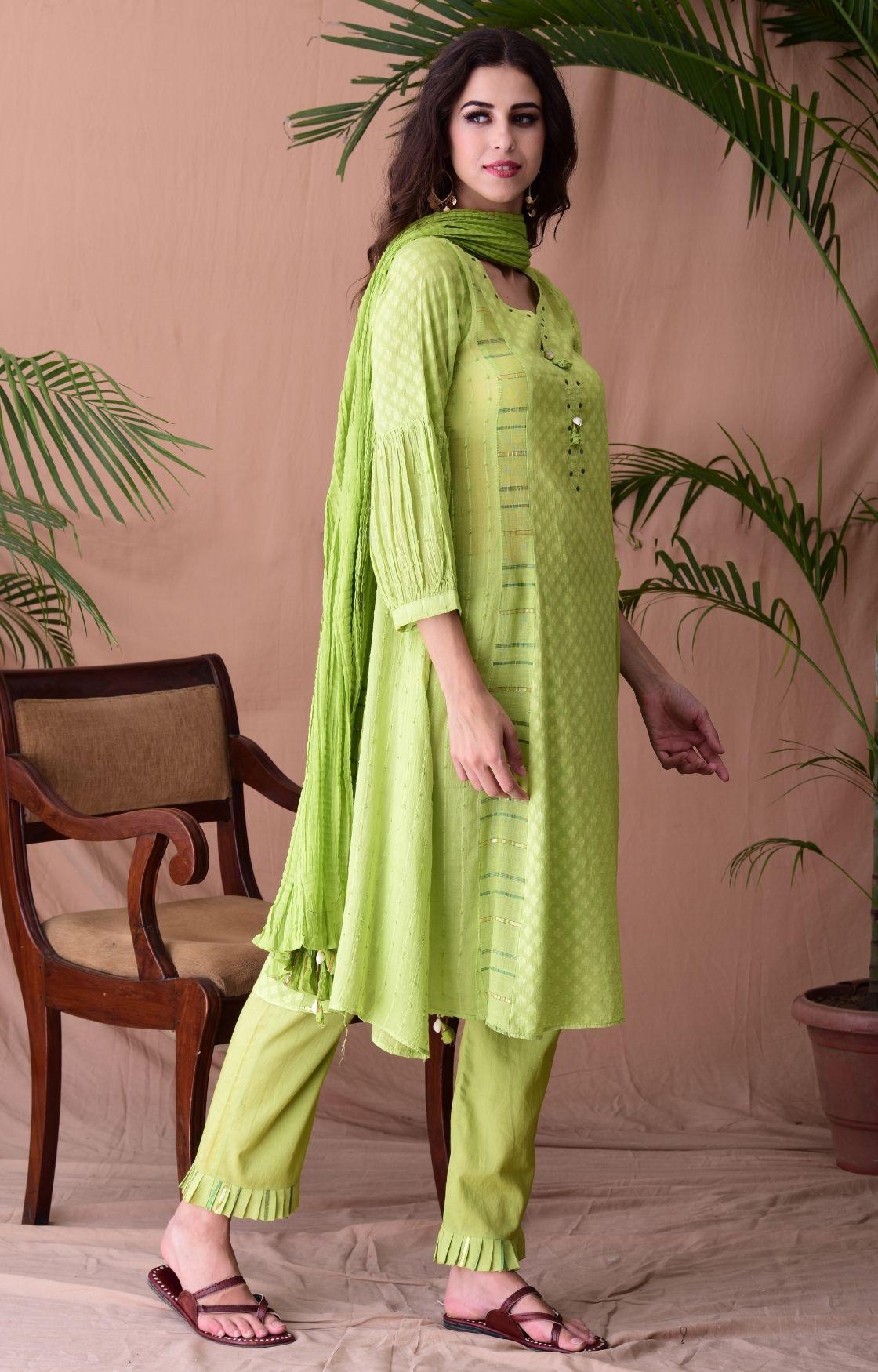 Lime Green Jacquard Suit Set Of 3