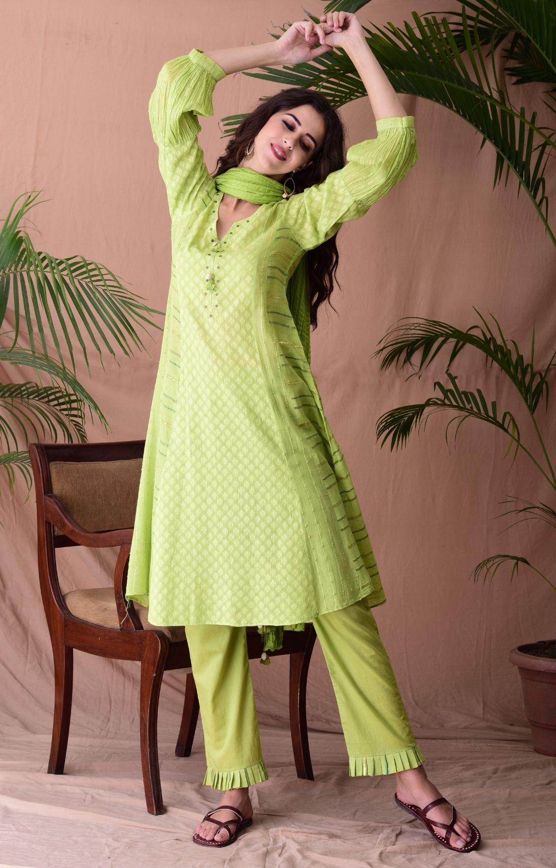 Lime Green Jacquard Suit Set Of 3