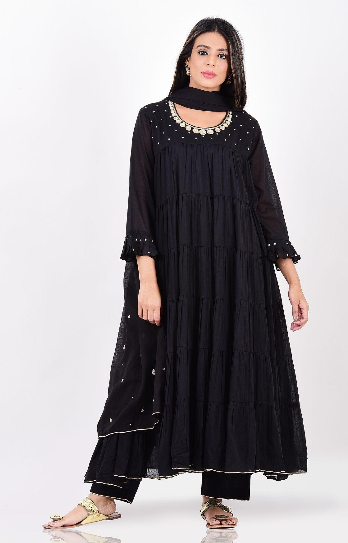 Black Crinkled Layered Kurta Set