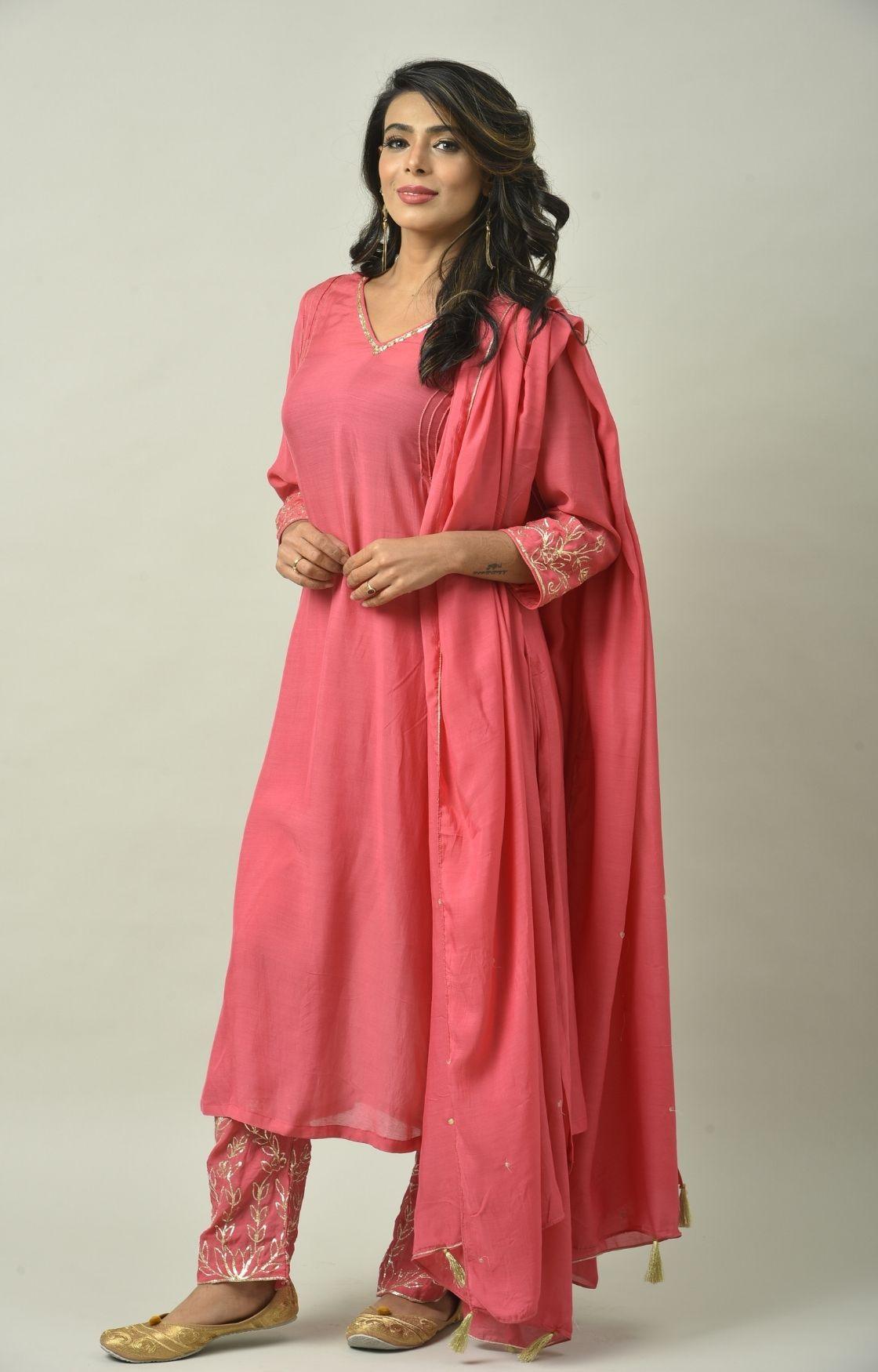 Rose Pink Naksi Hand Embroidery Kurta Set