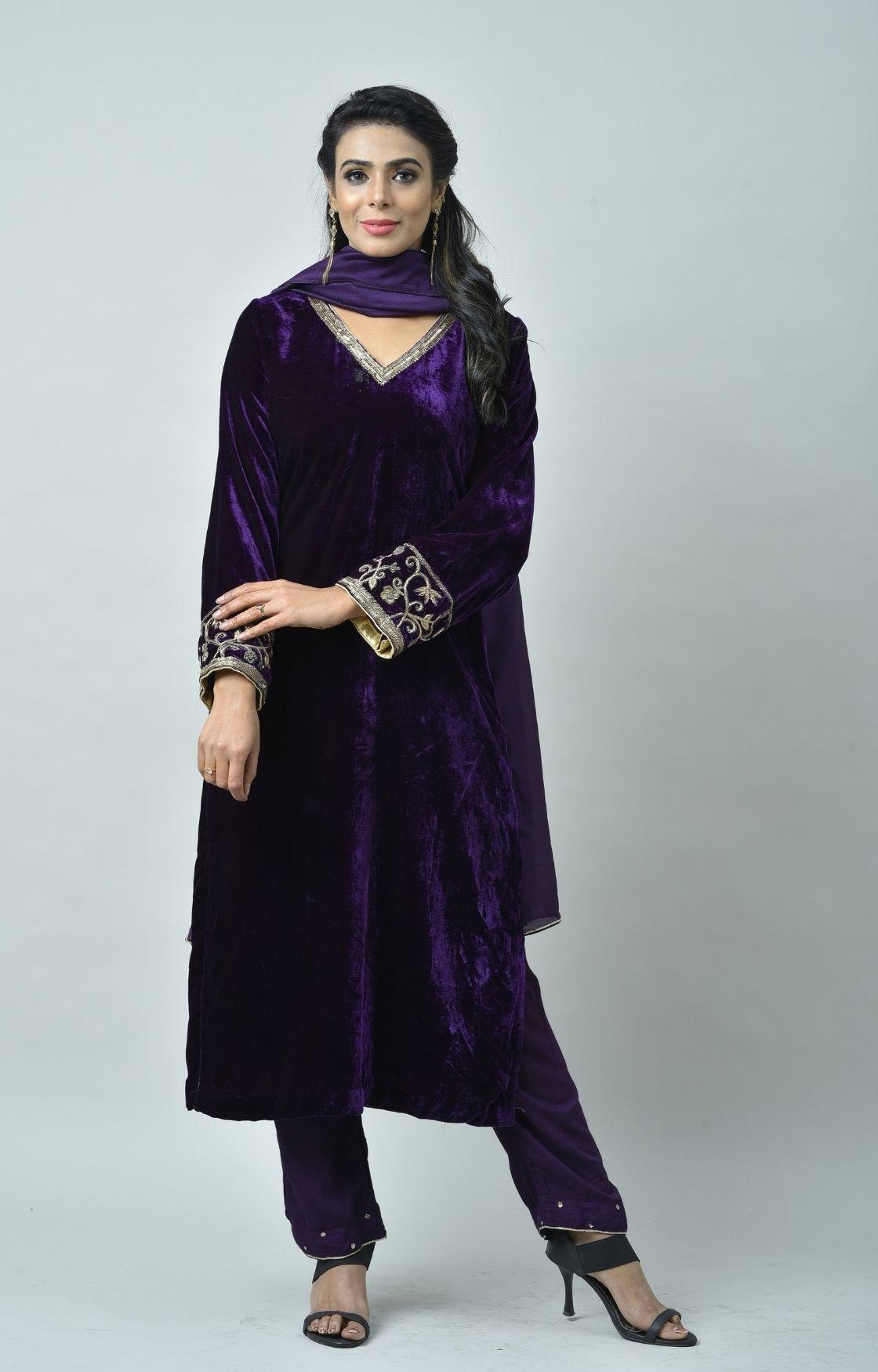 Purple Embroidered Velvet Kurta Set of 3
