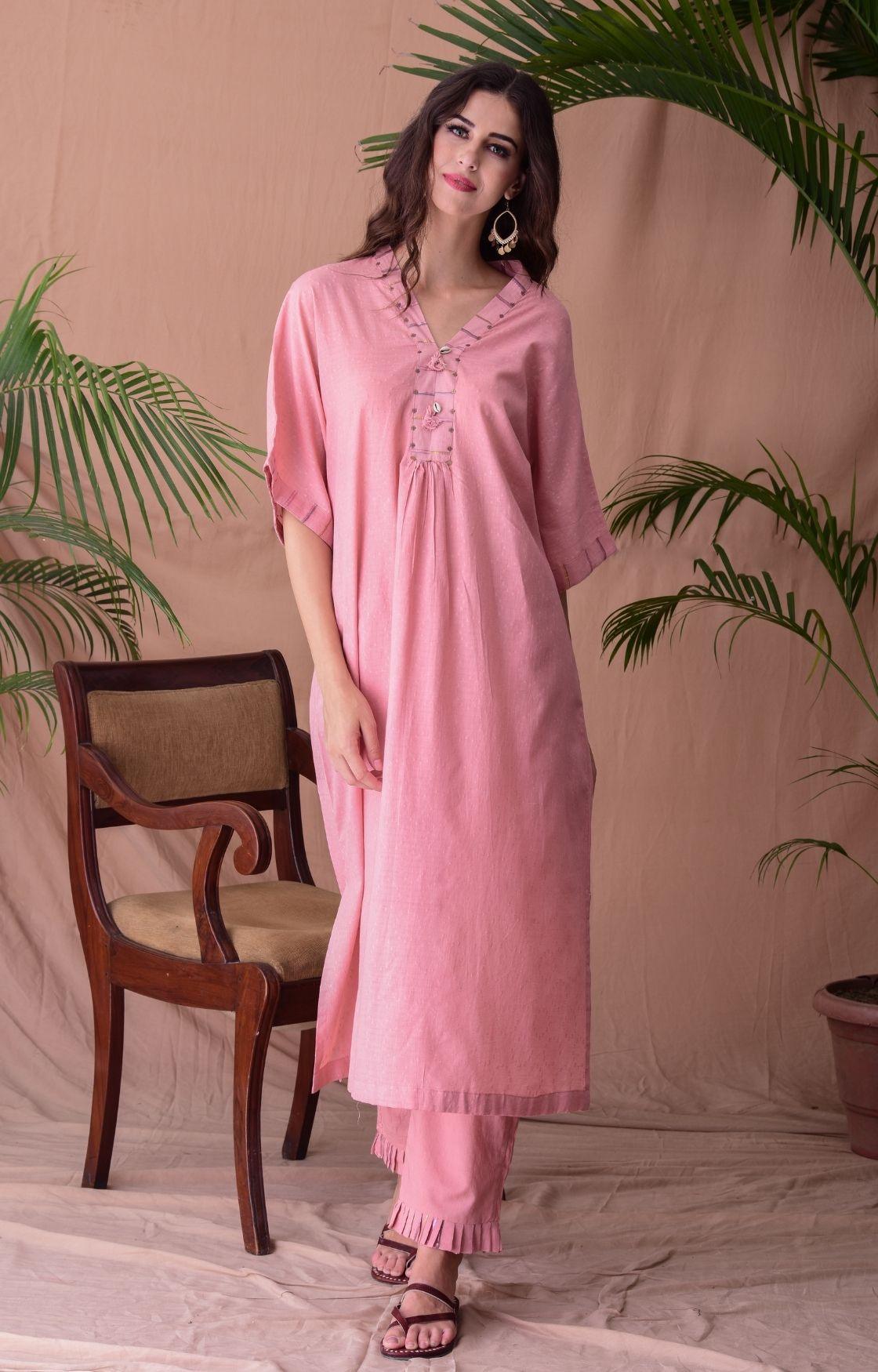 Pink Cotton Jacquard Kaftan Kurta Set