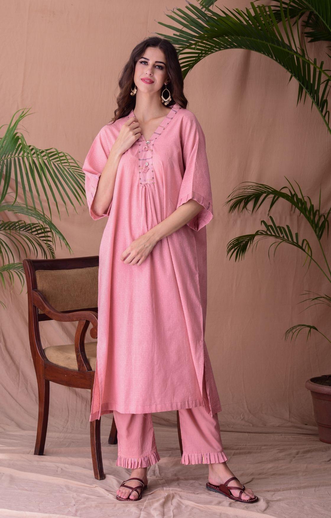 Pink Cotton Jacquard Kaftan Kurta Set