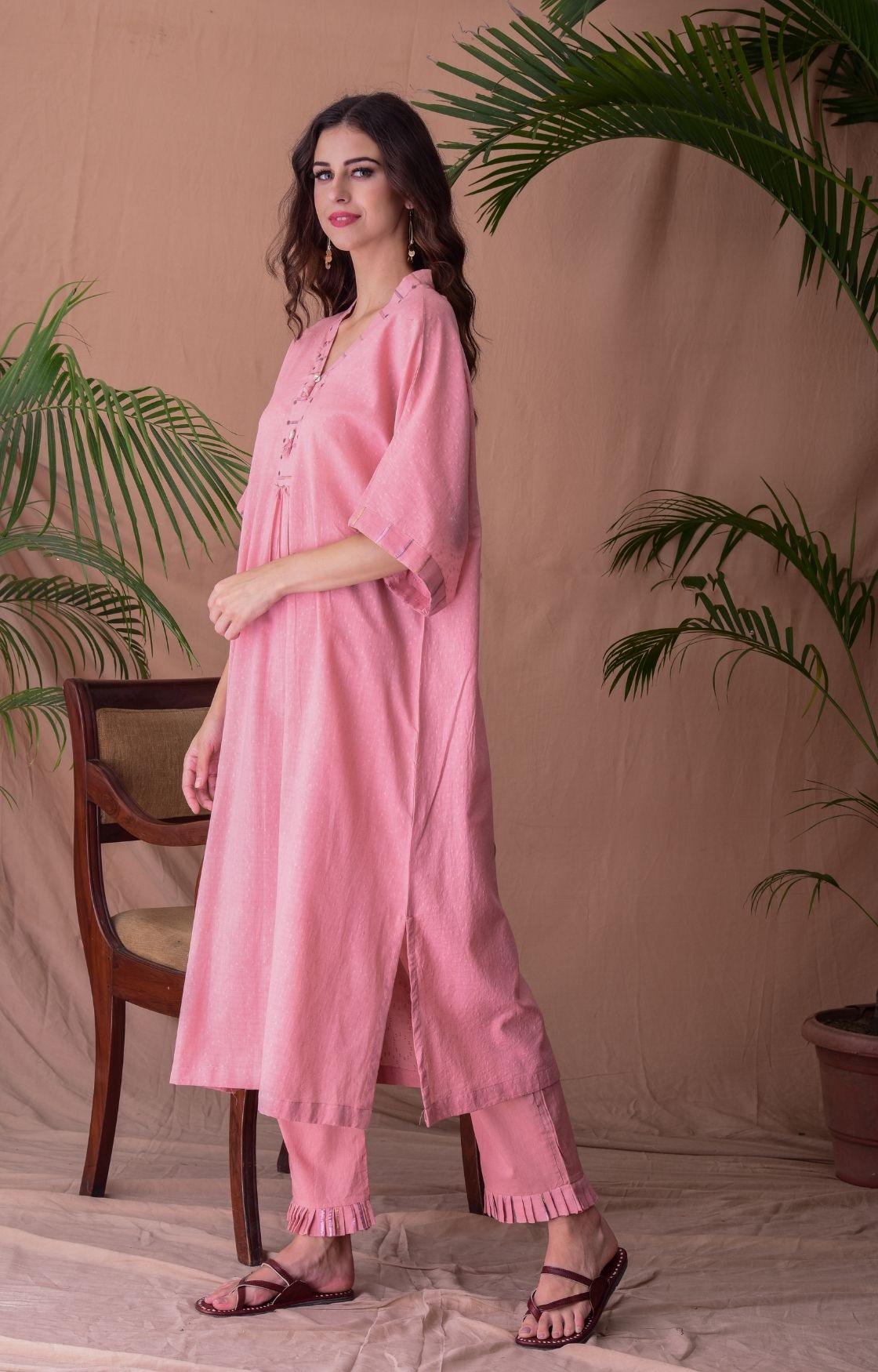 Pink Cotton Jacquard Kaftan Kurta Set