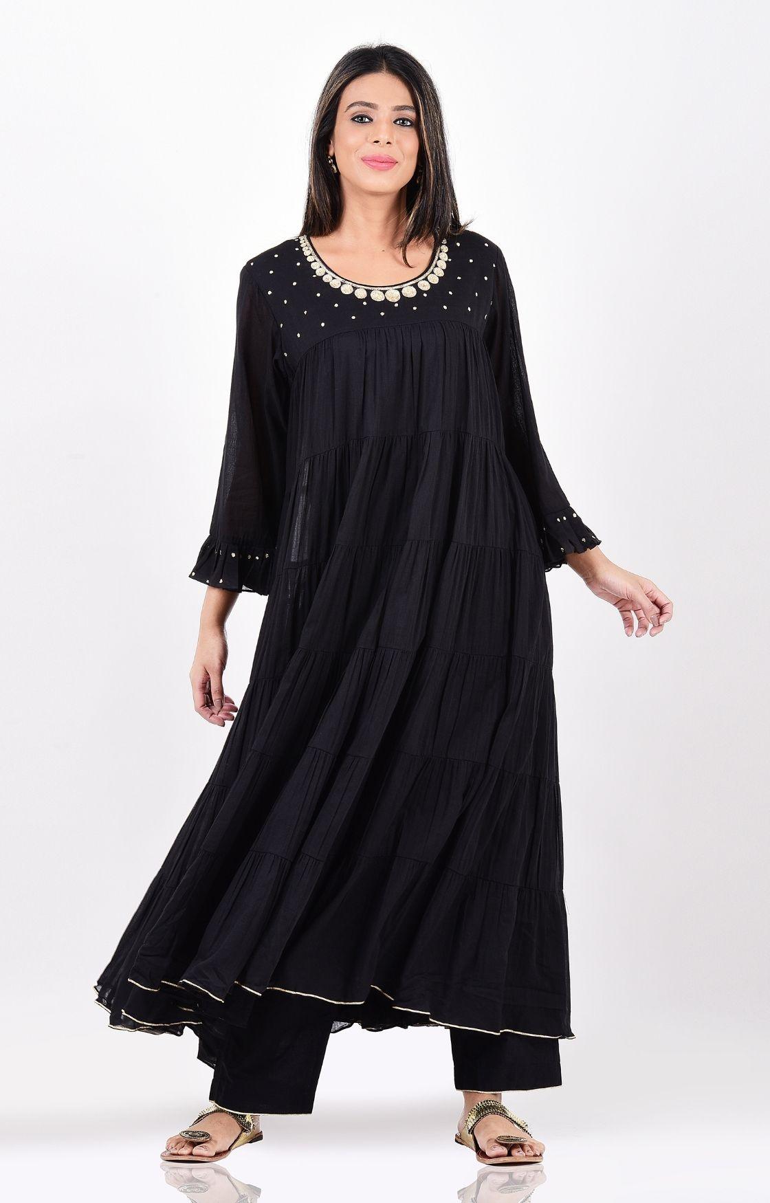Black Crinkled Layered Kurta Set