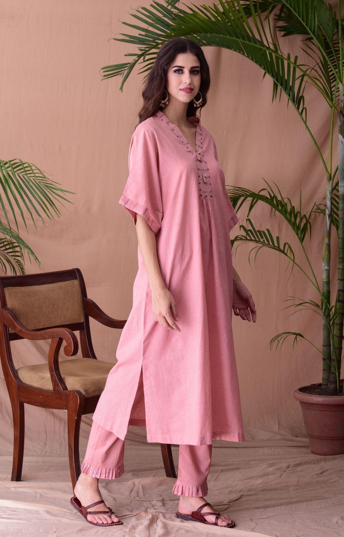 Pink Cotton Jacquard Kaftan Kurta Set