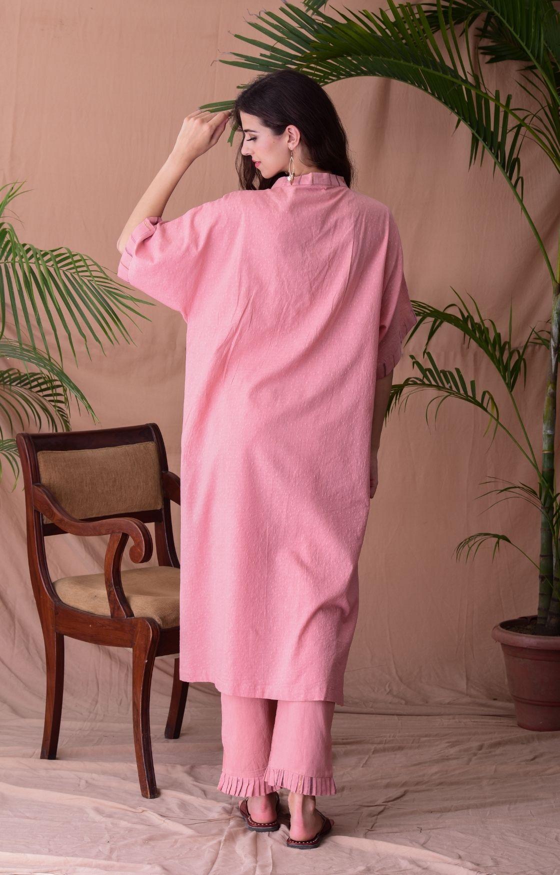 Pink Cotton Jacquard Kaftan Kurta Set
