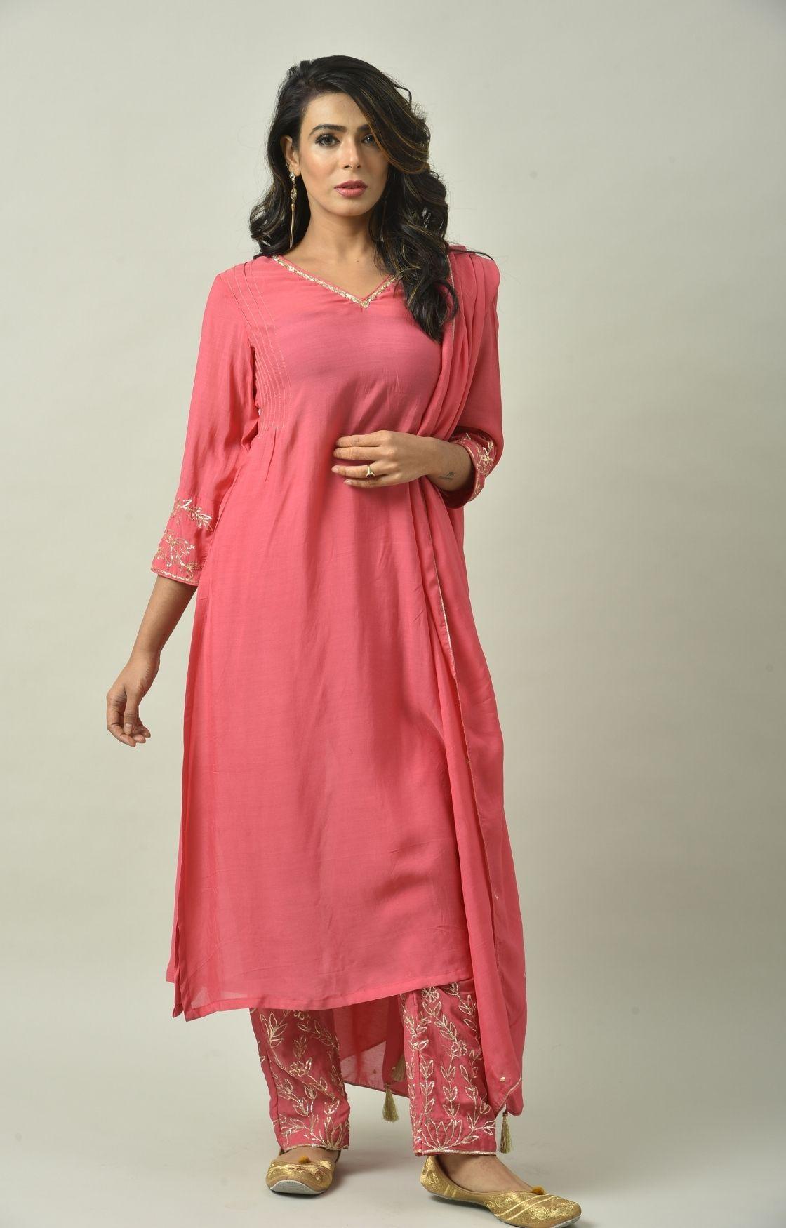 Rose Pink Naksi Hand Embroidery Kurta Set