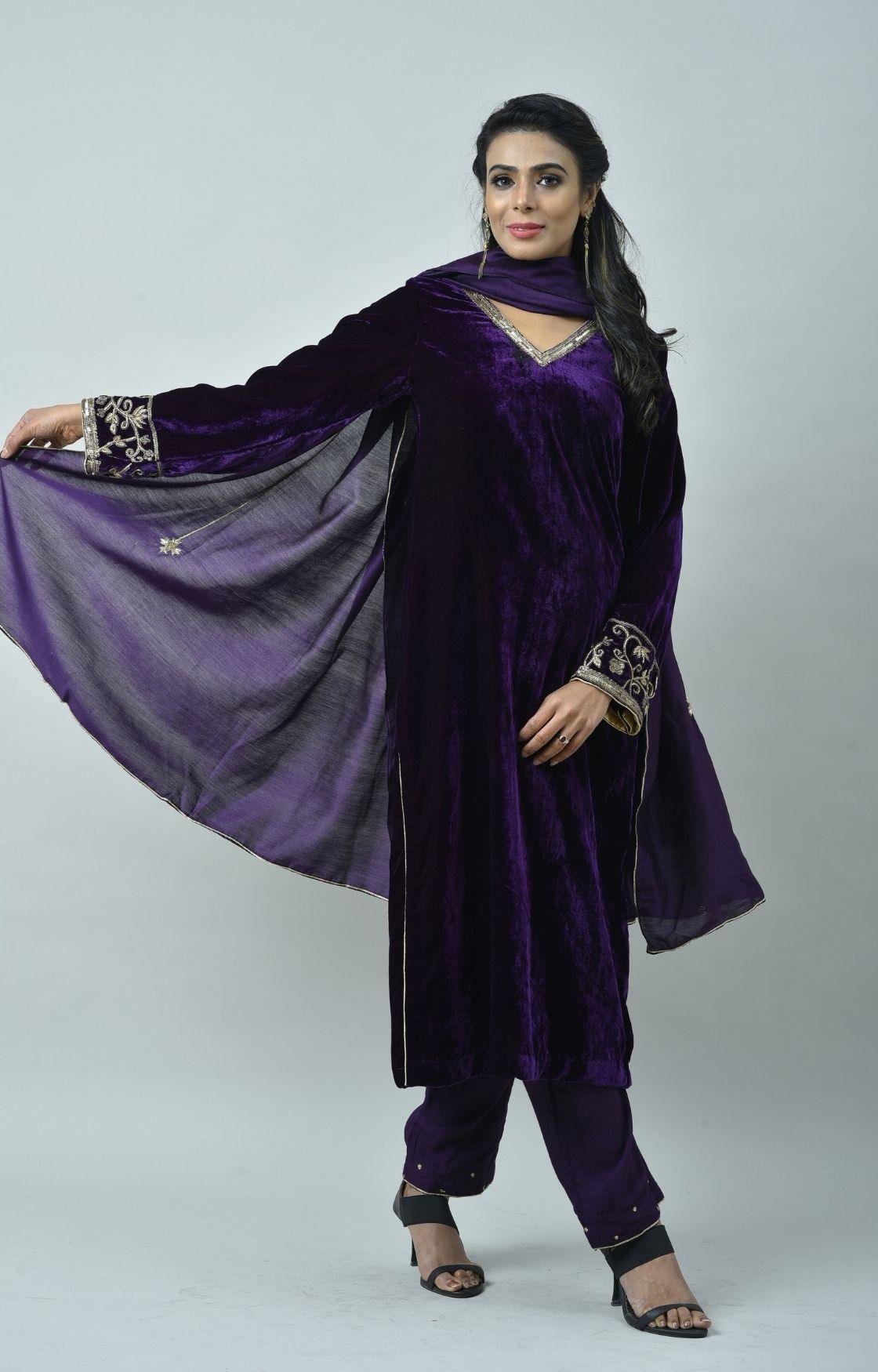 Purple Embroidered Velvet Kurta Set of 3