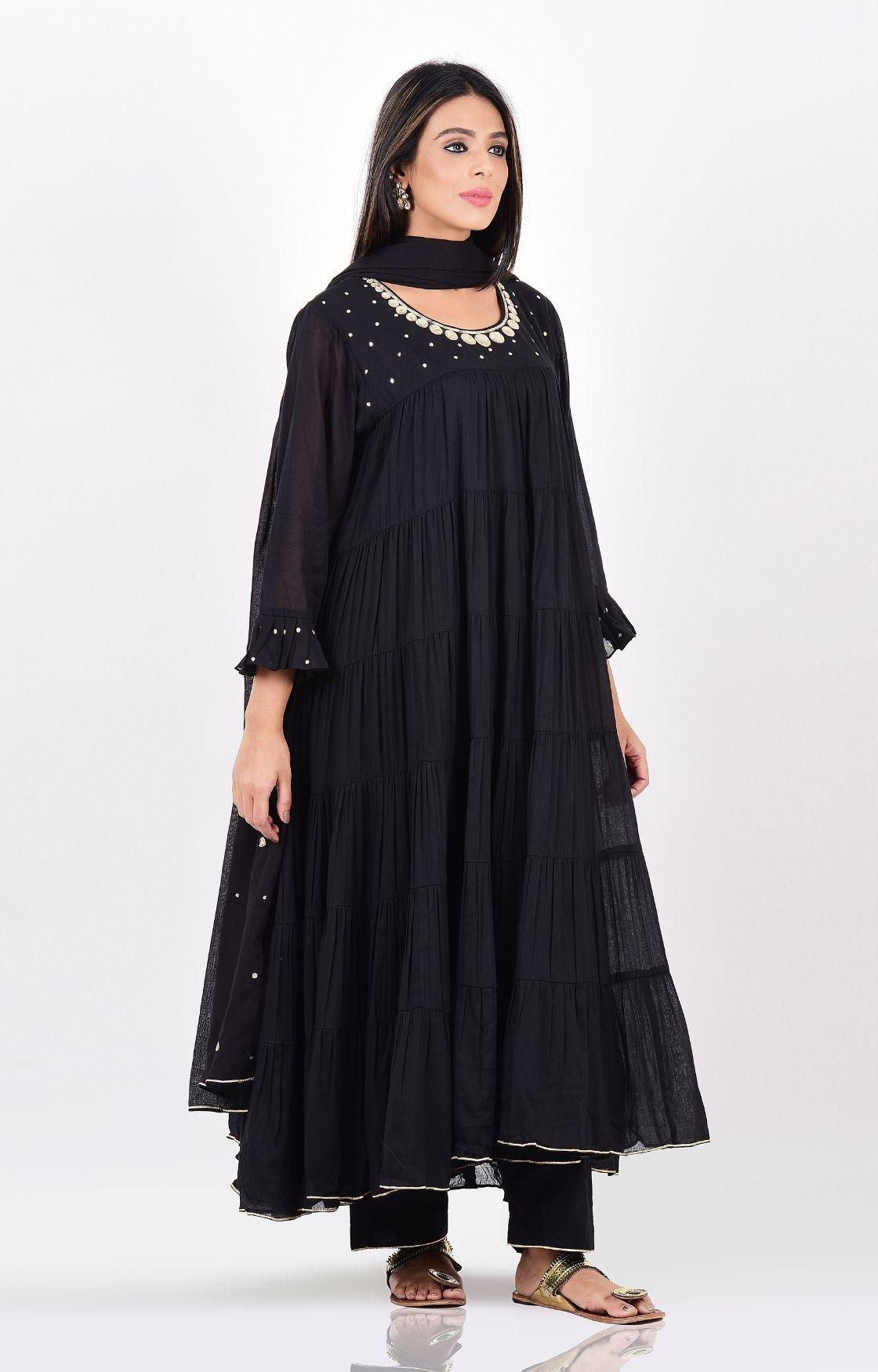 Black Crinkled Layered Kurta Set