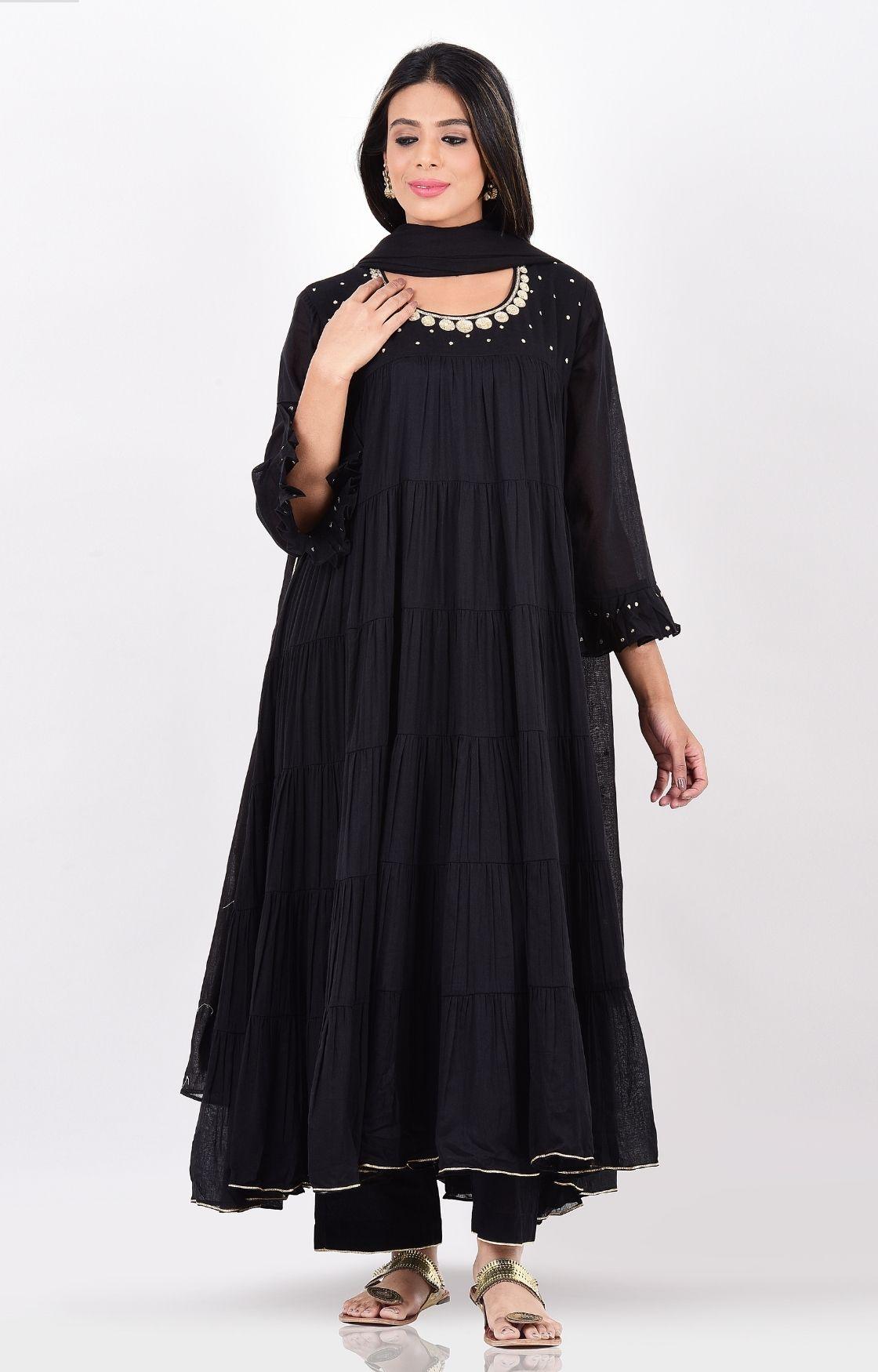 Black Crinkled Layered Kurta Set