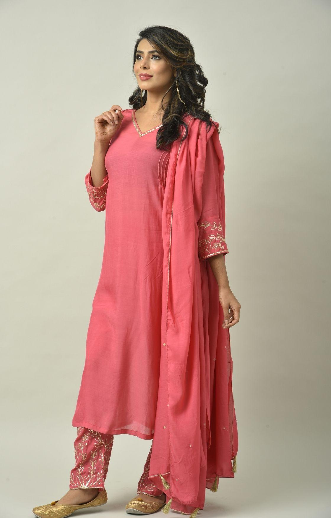 Rose Pink Naksi Hand Embroidery Kurta Set