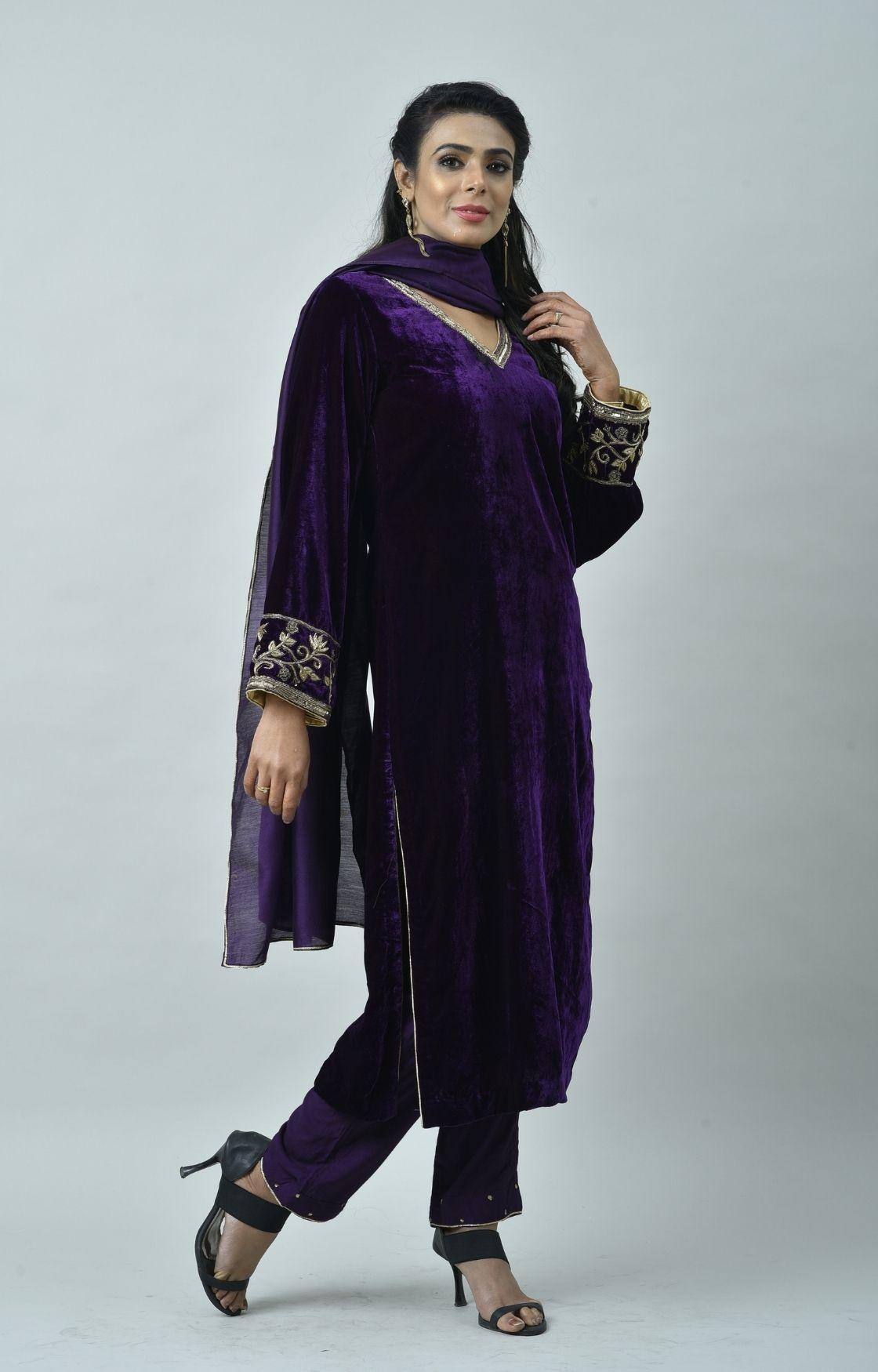 Purple Embroidered Velvet Kurta Set of 3