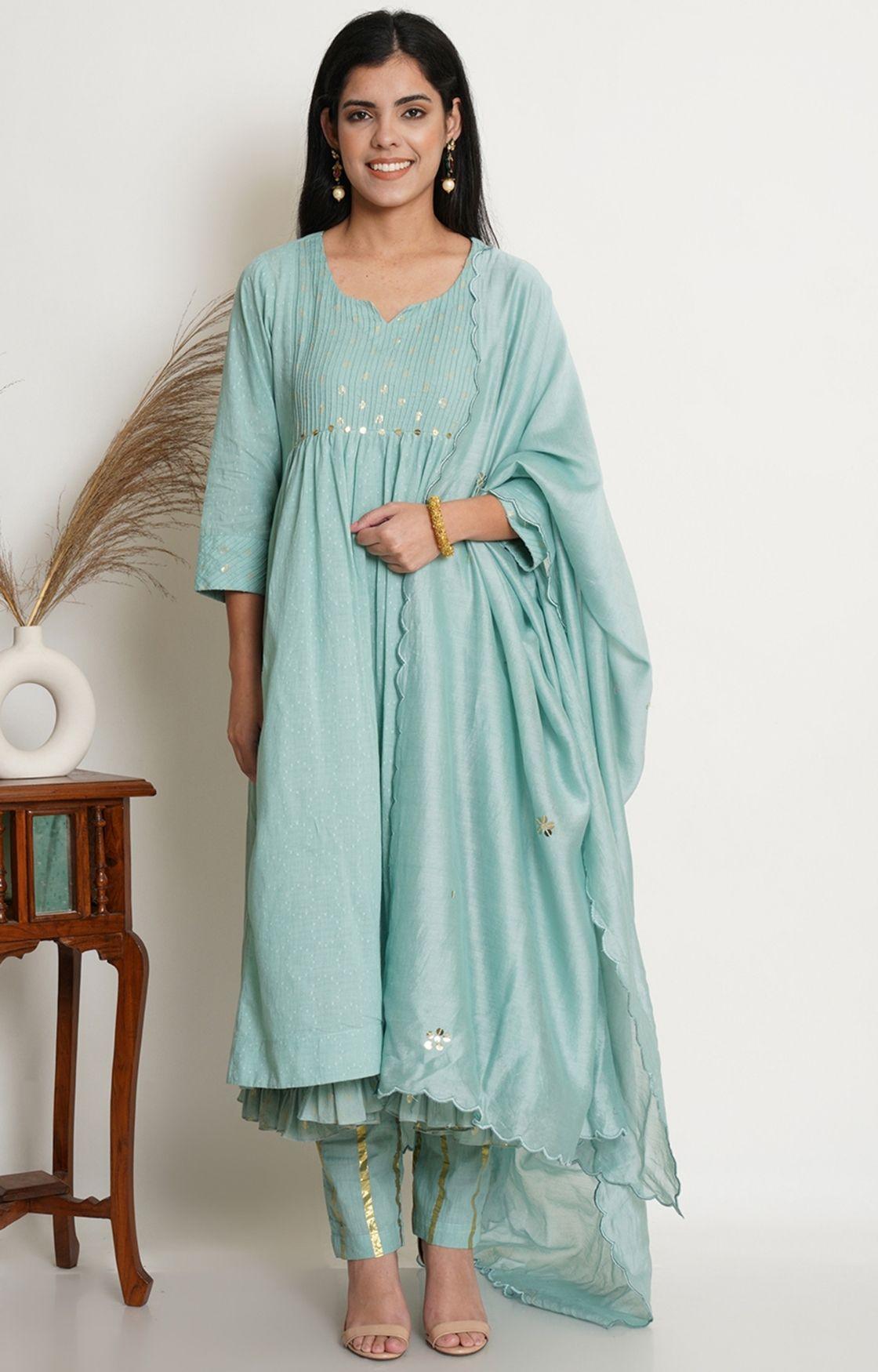Sea Green Cotton Kurta With Pant & Chanderi Dupatta Set