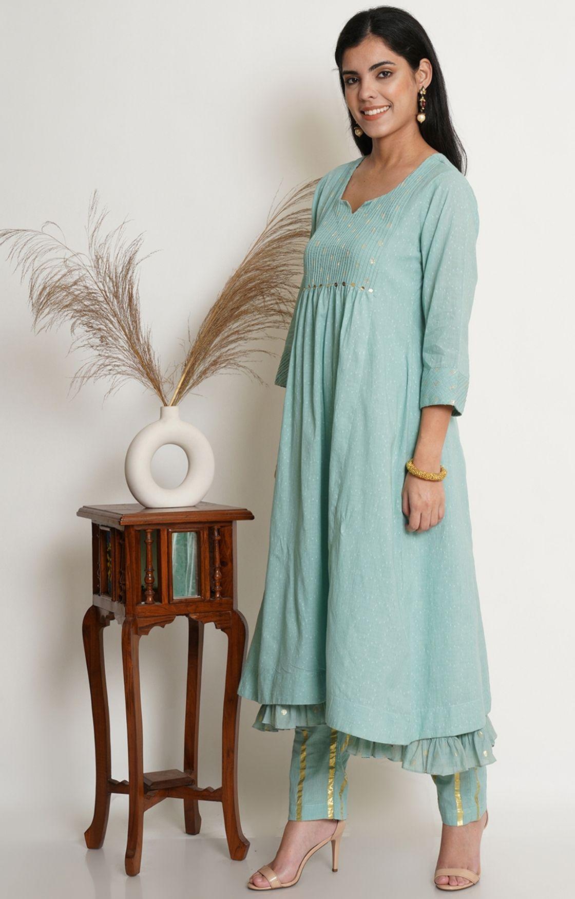 Sea Green Cotton Kurta With Pant & Chanderi Dupatta Set