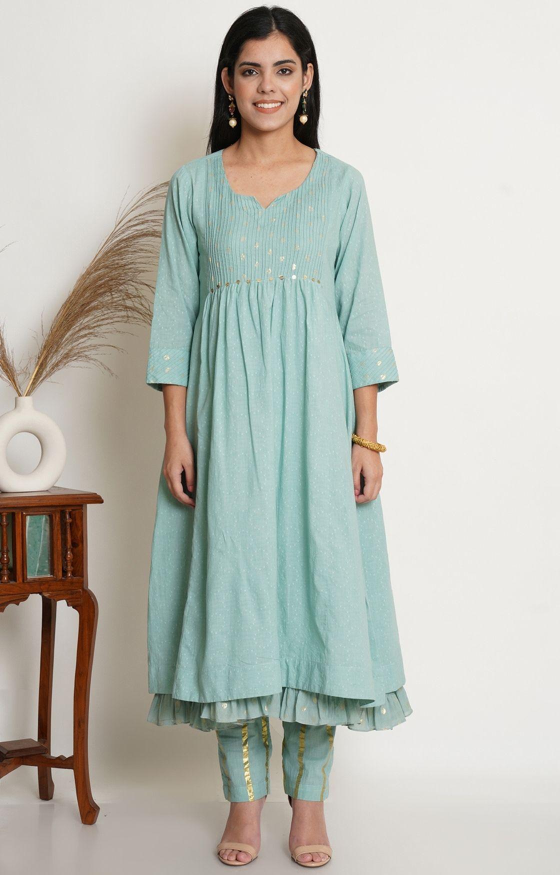 Sea Green Cotton Kurta With Pant & Chanderi Dupatta Set
