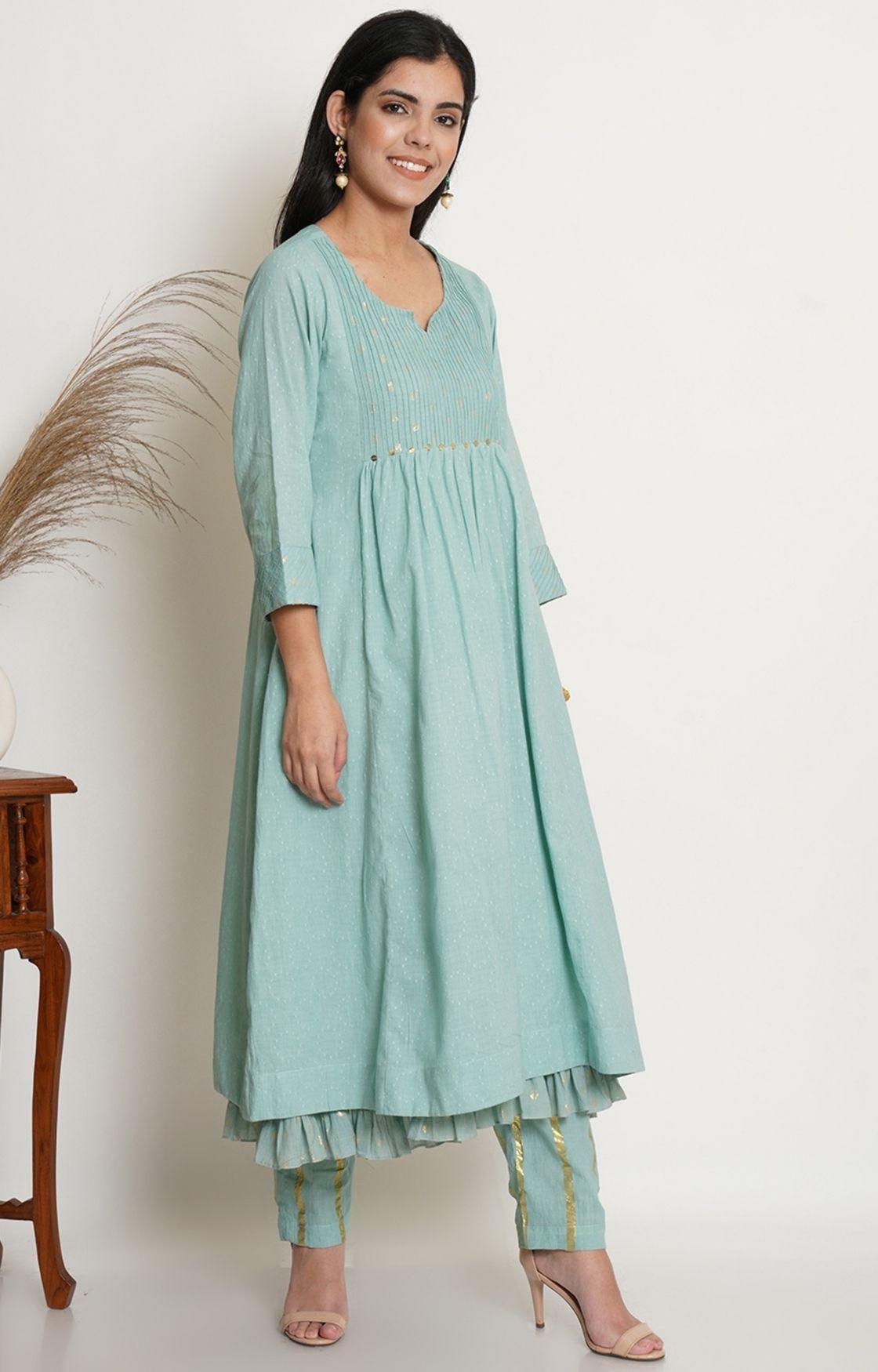 Sea Green Cotton Kurta With Pant & Chanderi Dupatta Set