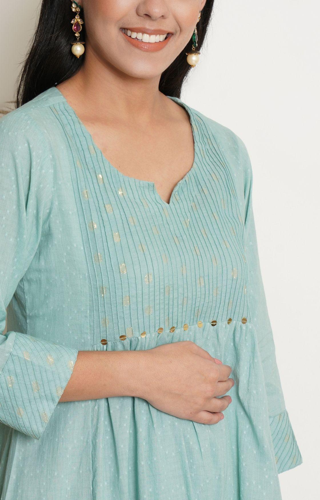 Sea Green Cotton Kurta With Pant & Chanderi Dupatta Set