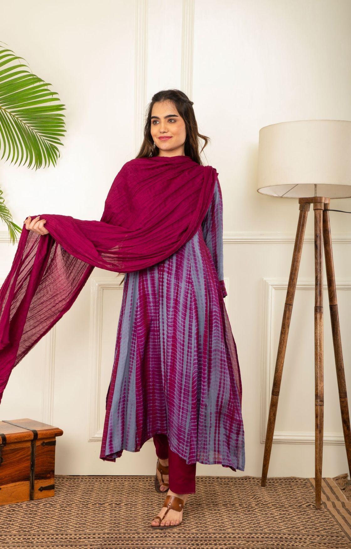 Wine And Grey Rope Tie Dye Kurta Set