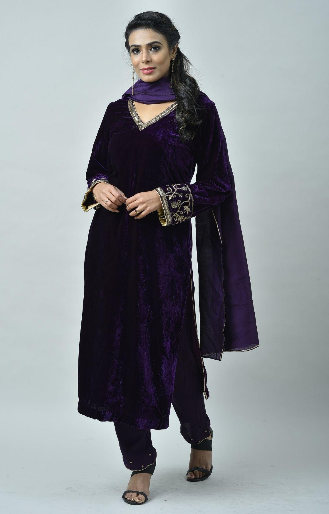 Purple Embroidered Velvet Kurta Set of 3